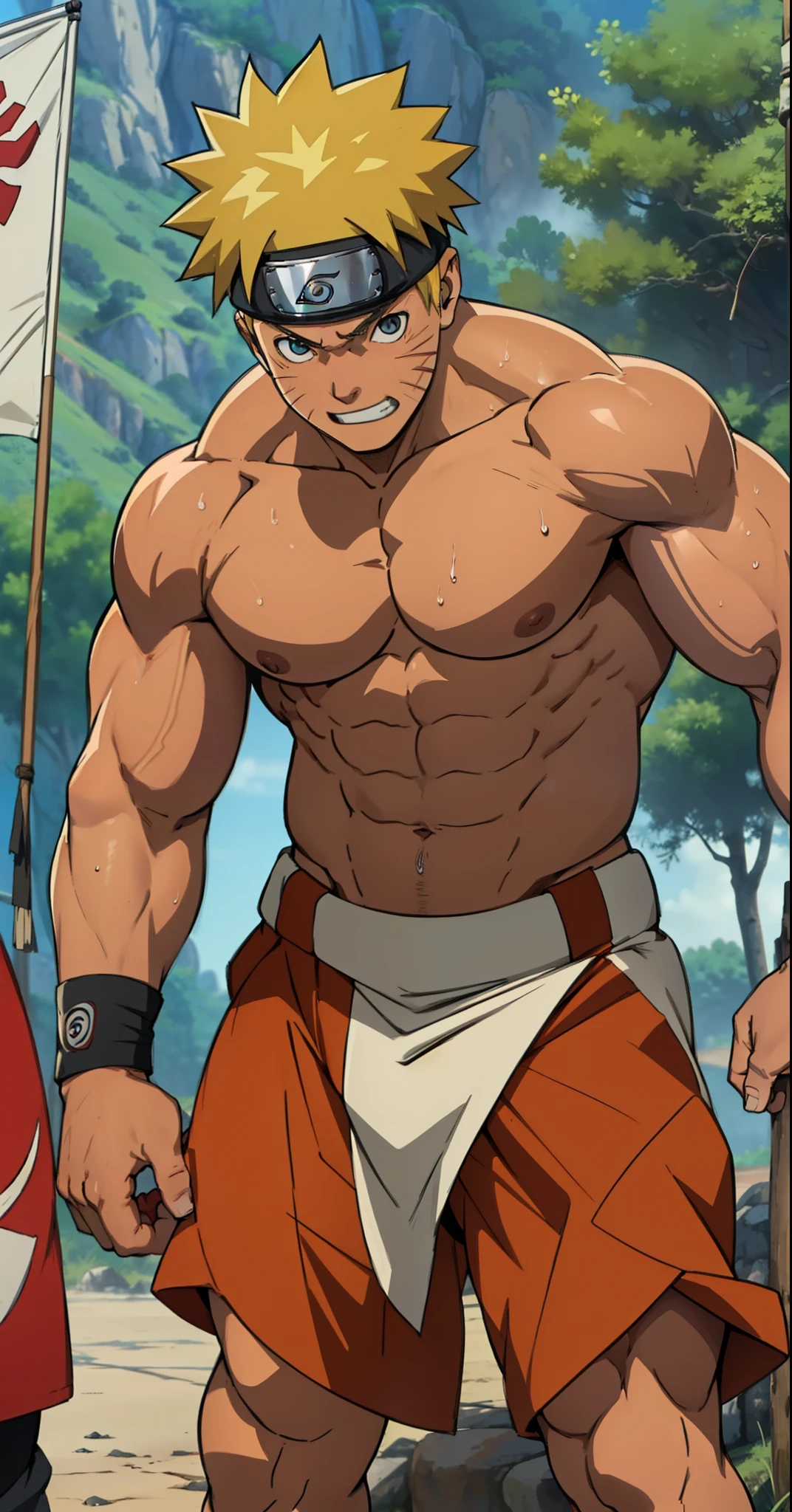 (Full body) (photo subject: Close-up of muscular thigh muscles ) (photo angle from bottom up)(Drawings of Naruto anime) (photo angle from the ground upwards) [Anime photo][highest quality photo][4k,HD photo quality]  wear tight loincloths (muscular thigh muscles, firm thigh muscles, muscular thigh muscles, sinewy thigh muscles, giant thigh muscles, strong leg muscles, muscular hamstring leg muscles) ,Uzumaki Naruto fun, happy,bodybuilder,bodybuilding, standing, red skin,reddish brown skin, lots of sweat flowing down, topless, shirtless, hot sunny, (do not wear banners,do not wear headbands)