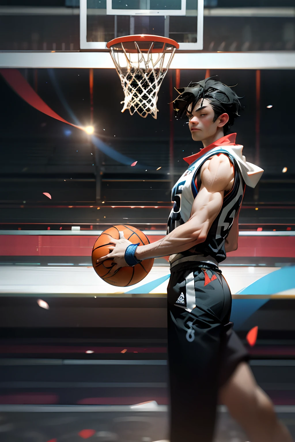 35mm camera lens,cool guy,athlete,basketball ball,Dunk,detailedbackground,Asian Games,True skin texture,Smudge,Accurate facial features,dynamic blur,super-fine,ultra - detailed,high qulity,8K ,oc rendered,dynamic viewing angle,Hyper Real,Ultra photo realsisim