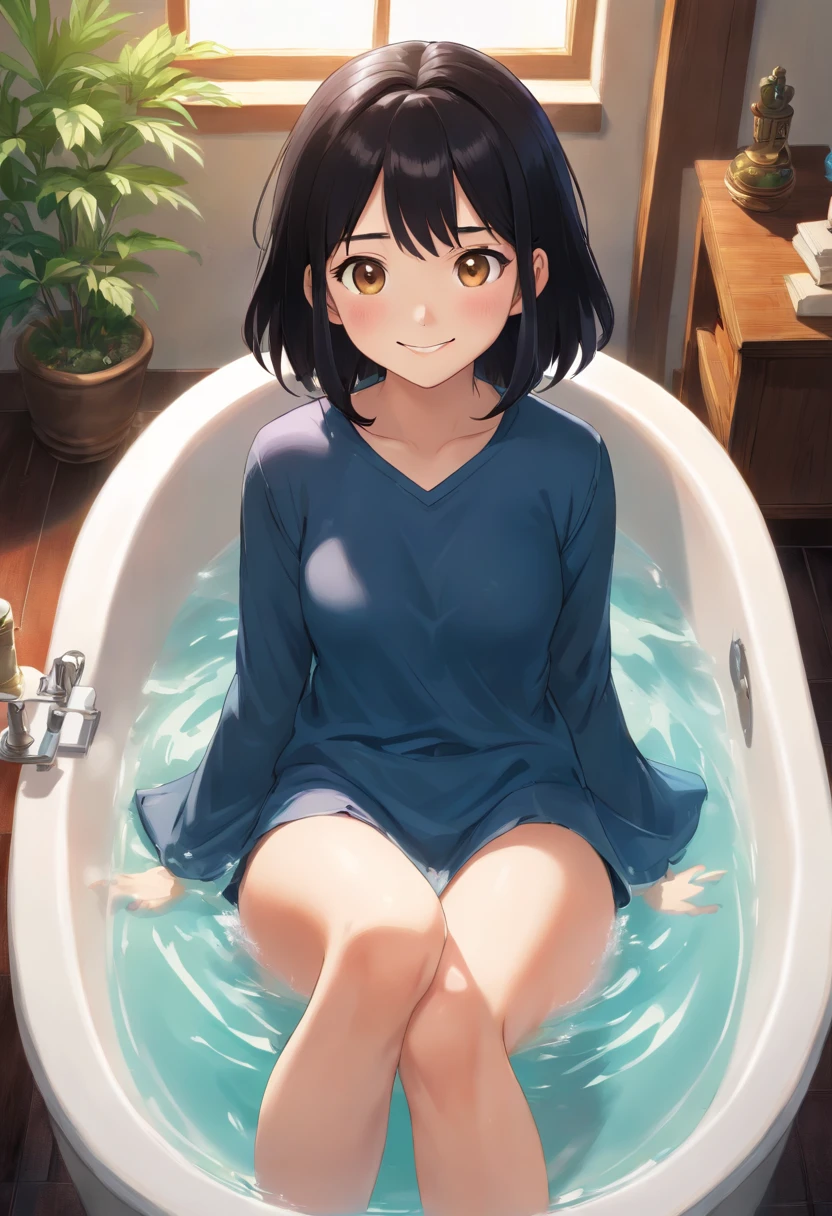 Smiling girl in cypress bathtub,  Boldly open your legs and get into the bathtub 　Wistful eyes　Black hair, 20 years old young, Asian Woman,  (Realistic:1.3), (Photorealistic:1.3), Ultra-detailed, (highdetailskin:1.2), 8K UHD, Digital SLR, Soft lighting, High quality