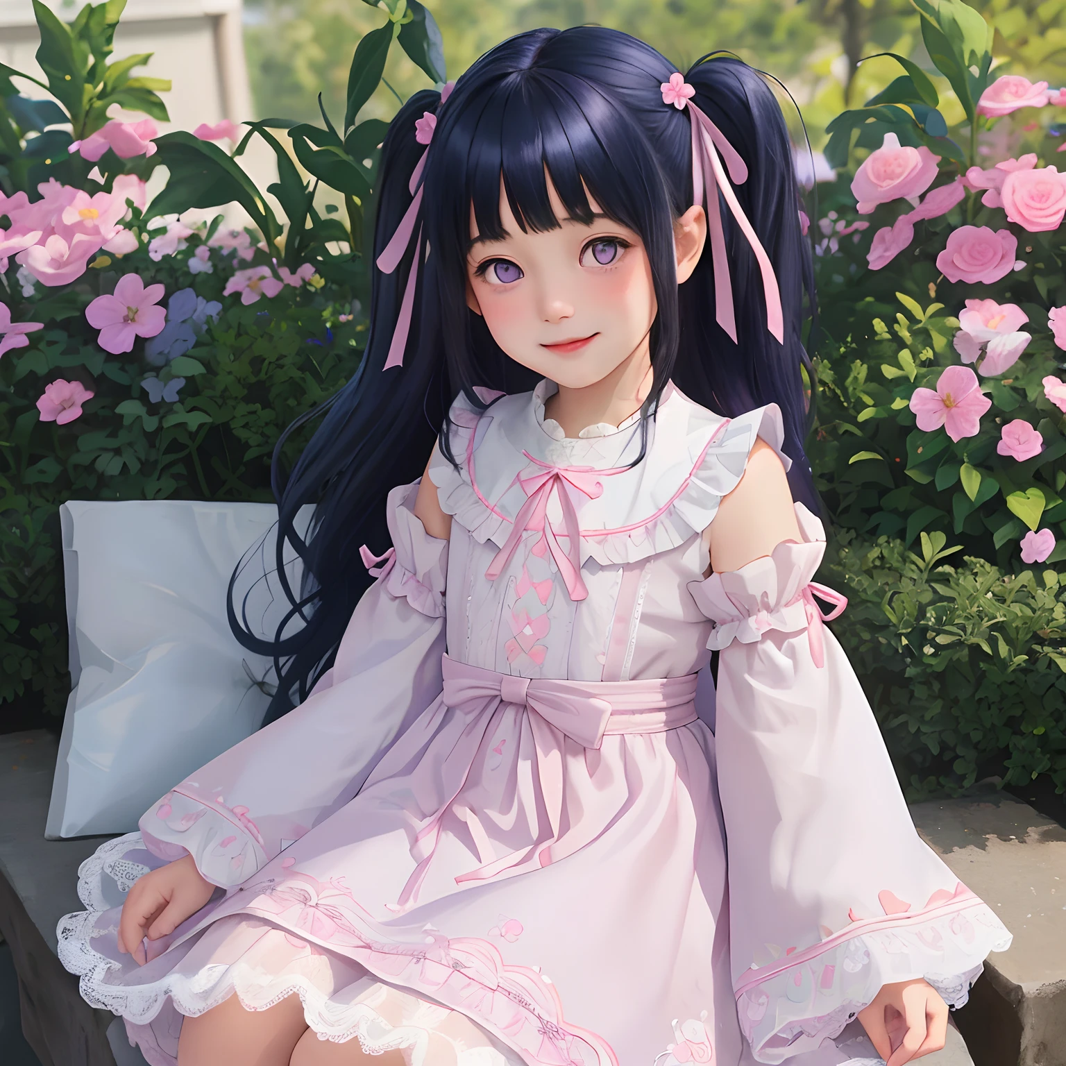 srs masterpiece best quality ultra-detailed finely detail highres ((little female child)) two side up long dark blue hair pink ribbon white dress lace-trimmed embroidery long sleeves blush embarrassed smile purple eyes sitting on side english floral garden, Blunt Bangs