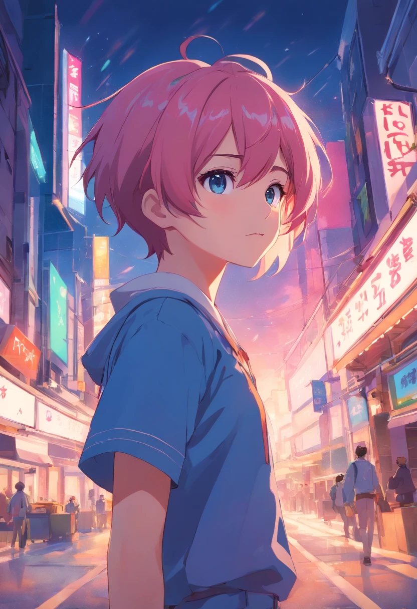 Guviz-style artwork, Guviz, Kawashi, ross tran style, High quality anime art style, anime moe art style, Makoto Shinkai Gwise e Makoto, style of makoto shinkai, Anime Boy, Shinkai Makoto style,Blue eyes,Men with short hair,simple background、Pink hair