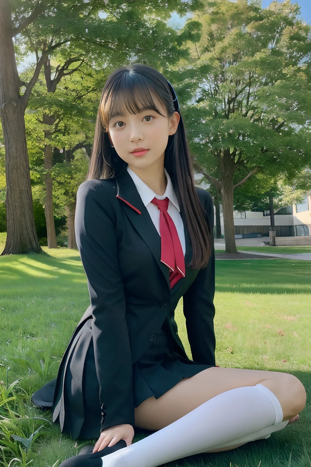Japan school uniform, a closeup, wide angles, low angles, peitos fartos, Brown hair, looking at the viewers, portlate, 耳Nipple Ring, ear phone, hi-school girl, Ultra Mini Fabric Pleated Skirt, neck tie, Black Suit, Red suit, a sailor suit, Posing Black Eye, unparalleled masterpiece ever, Ultra realistic 8K CG, Clean and beautiful face, Glossy skin, Skindentation, top-quality, 超A high resolution, Photorealsitic, ((Look at viewers))，full bodyesbian，knee high socks