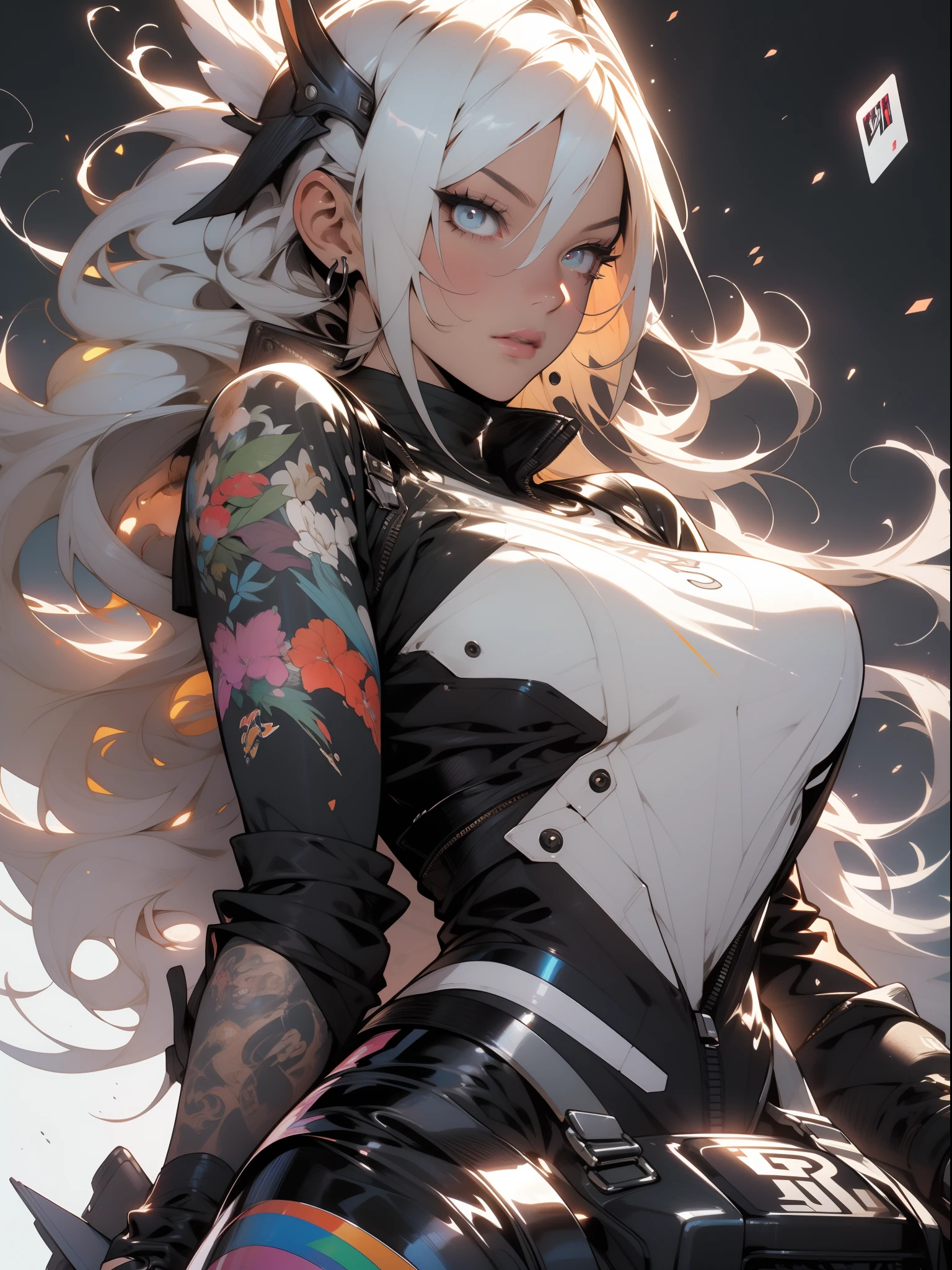 Background, mixed-language_text, Japanese letters in graffit, Girls, Long colored, great lighting, High-contrast side illumination, Perfect Ultimate (flat color: 1.3), (magazine_cover: 1.4), (Multicolored_Background: 1.3), striped_Background, card_Background, :: Comic style by Joe Madureira :: round pieces of white metal, glued to the hands, Ultra Detailed, emerging from the sparkling brilliance, Perfect and detailed, Ultra detailed shirt with abstract design and Japanese graffiti print on the sides of the garment, Image of a girl with big breasts, On top of a futuristic motorcycle, with immersive effects, Hover effect, Graffiti-style background tattoo with flowers and bright colors, "Ultra HDR" Detail and focus effect, (Masterpiece: 1.2, Best Quality), (Beautiful eyes with huge eyelashes, finely detailed: 1.2), , ((独奏)), (Finely detailed eyes and detailed face: 1.3), in various full-body attack poses, (Cute background: 1.2),Futuristic costume, Super detailed round metals, clinging to hands and pants, fantastic paintings