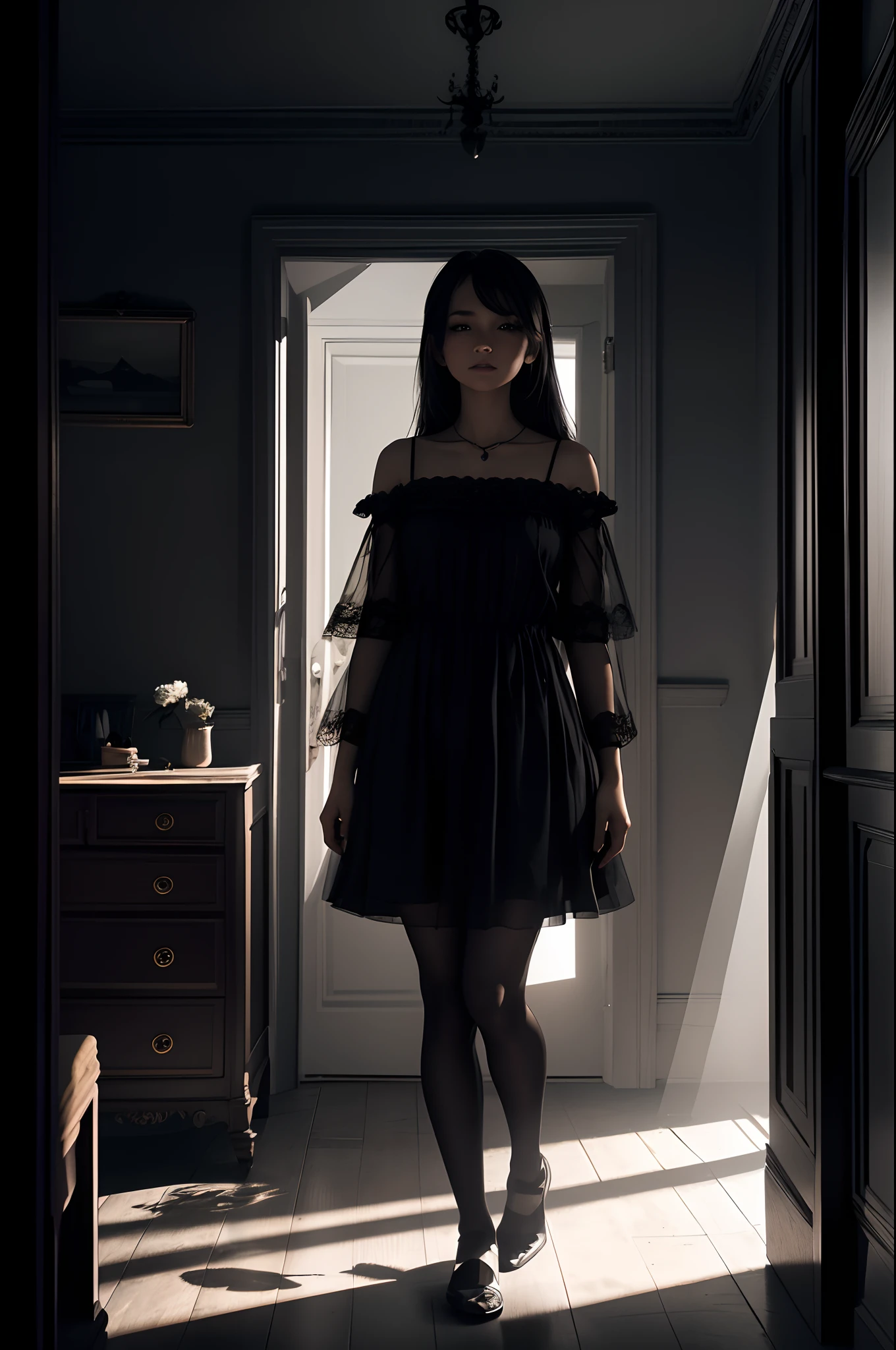 1girl standing, looking at viewer, black clothes, full body shot, in the fog, beautiful face, perfect face, highly detailed beautiful face, (rending on cgsociety, streaming),((black shadows:1.5)), (room without lights:1.5), (old house in the dark night:1.4), romanticism, atmospheric, RAW photo, best quality, realistic, photo-realistic, masterpiece, an extremely delicate and beautiful, extremely detailed,Indirect lighting only