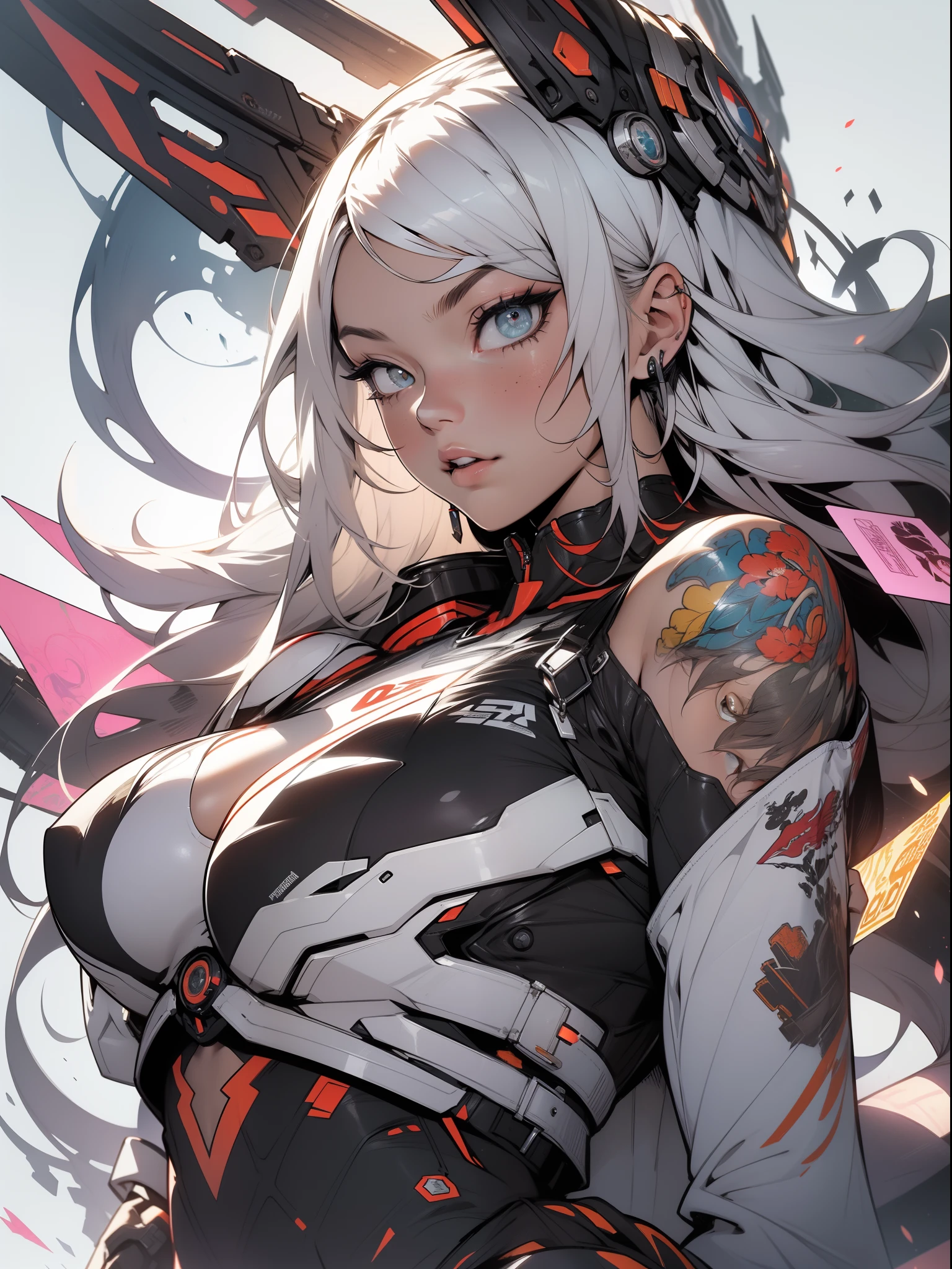 Background, mixed-language_text, Japanese letters in graffit, Girls, Long colored, great lighting, High-contrast side illumination, Perfect Ultimate (flat color: 1.3), (magazine_cover: 1.4), (Multicolored_Background: 1.3), striped_Background, card_Background, :: Comic style by Joe Madureira :: round pieces of white metal, glued to the hands, Ultra Detailed, emerging from the sparkling brilliance, Perfect and detailed, Ultra detailed shirt with abstract design and Japanese graffiti print on the sides of the garment, Image of a girl with big breasts, On top of a futuristic motorcycle, with immersive effects, Hover effect, Graffiti-style background tattoo with flowers and bright colors, "Ultra HDR" Detail and focus effect, (Masterpiece: 1.2, Best Quality), (Beautiful eyes with huge eyelashes, finely detailed: 1.2), , ((独奏)), (Finely detailed eyes and detailed face: 1.3), in various full-body attack poses, (Cute background: 1.2),Futuristic costume, Super detailed round metals, clinging to hands and pants, fantastic paintings
