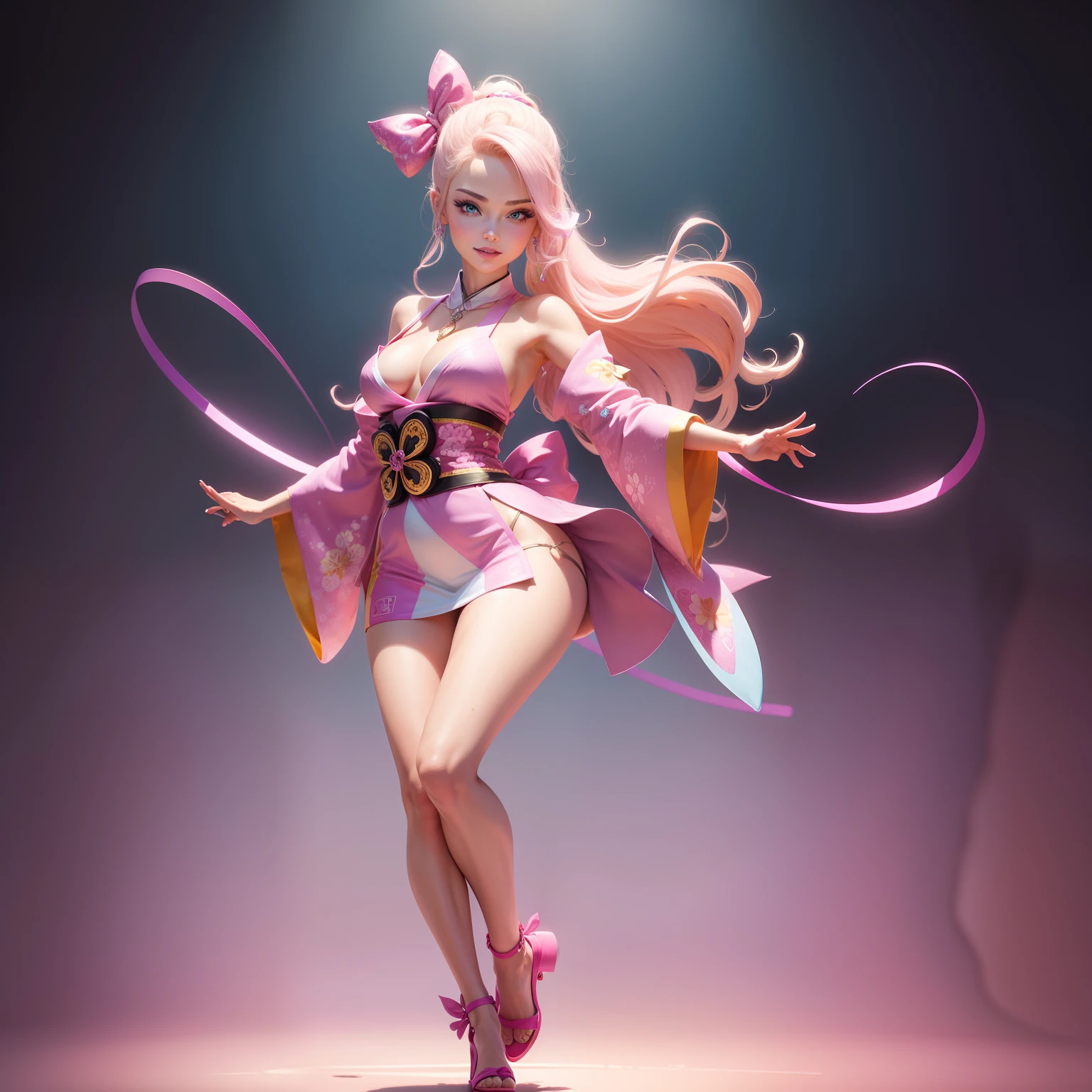 One Barbie, ((Full body)), Blue eyes, Smiling face, Hair loss swaying in the wind, Hip Hop Singer Pose, Dressed in hip-hop style, Wearing a pink kimono that reflects light,swarovski,pasties,With a pink bow on the arm, Fashion, Extremely high quality, high details, 8K, clean back ground, in studio, ((Full body shot)),Align your fingers neatly,Accurate Hand Modeling,wave her hand,