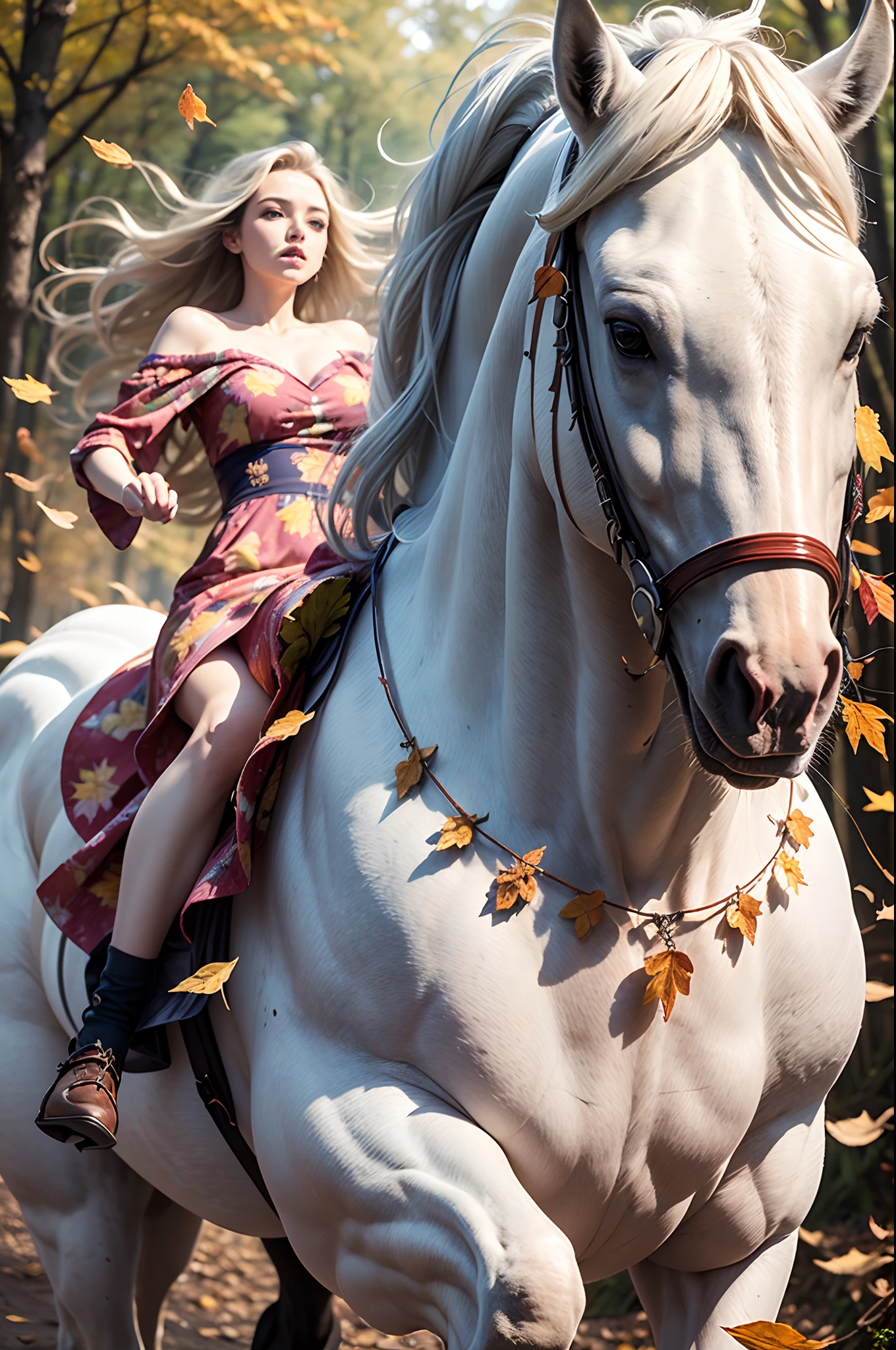 (8K, 16K, Award Winning, Top Quality, High Resolution, Super Detailed, Textured Skin, Anatomically Correct, Photorealistic, Live Photography, Mastepiece: 1.3), (Princess in a dress riding a white horse 1.3), white horse running in the forest, autumn leaves, dancing autumn leaves, princess being chased by someone, running away, leaning forward, dignified face, wind expression, path of fallen leaves, facial detail, finger detail ,