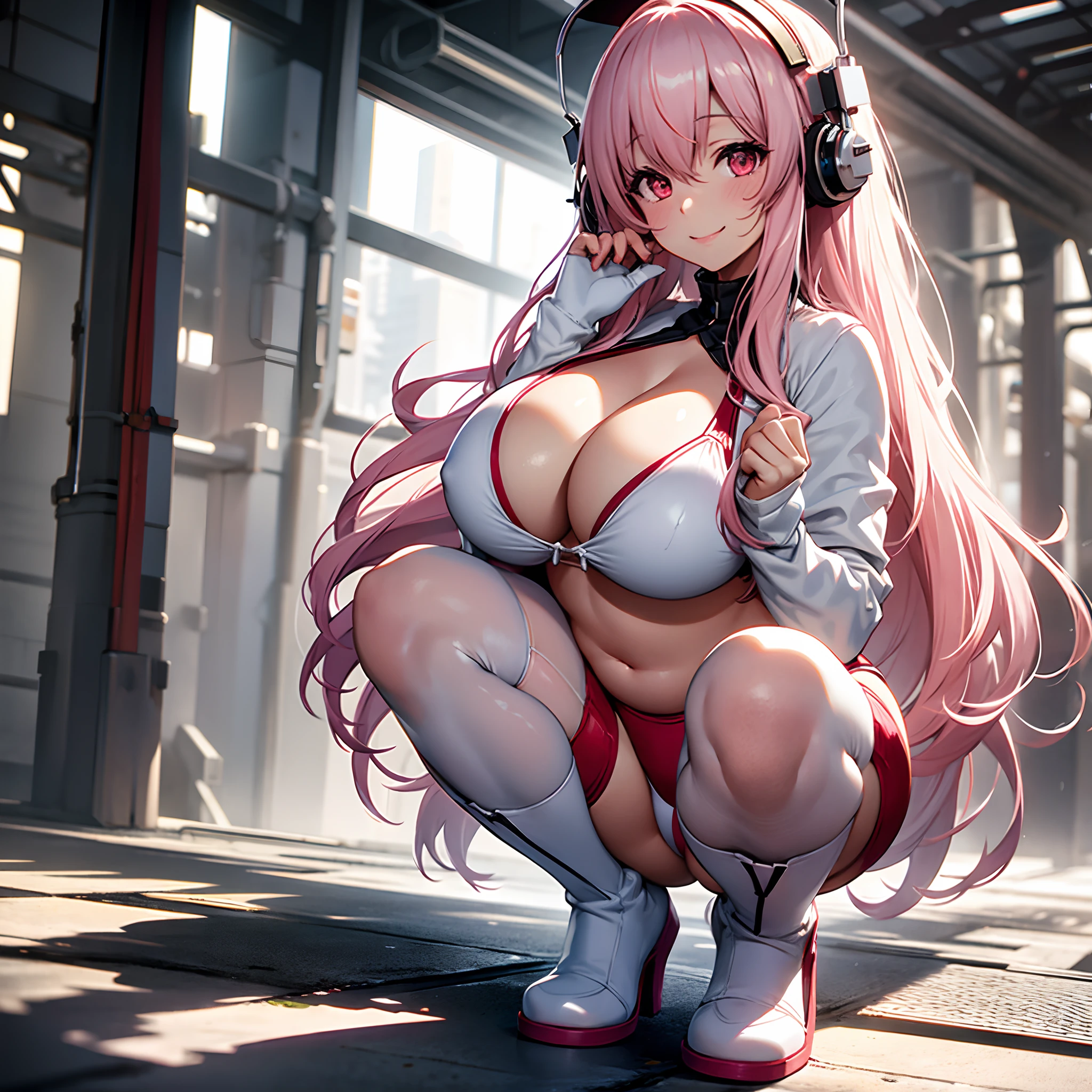 an attractive woman, 1girl, super sonico, , solo,, pink hair, huge breasts, large hip, put both hands on the ground, squat, long hair, navel, blush, spread legs, red eyes, looking at viewer, cleavage, smile, white bikini, white boots, white stocking, Soaked in milk ,whole body, white background, Plump, Backlit, dark shadow,