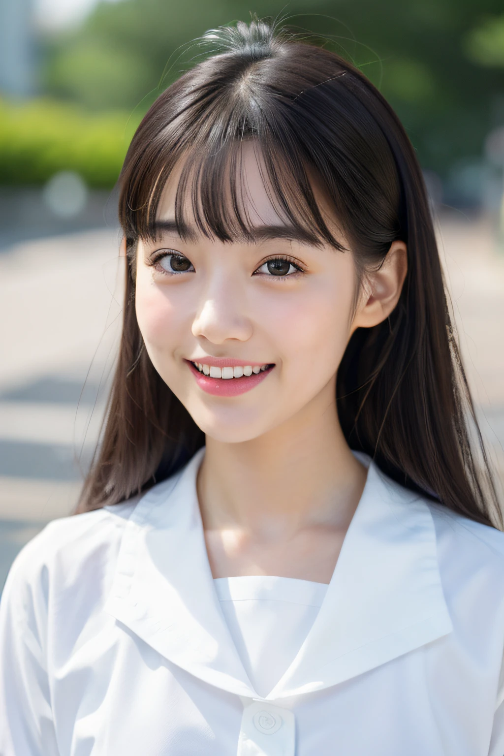 NSFW、 Wearing a sailor suit、8k RAW photo, ((a sailor suit))top-quality, masterpiece,kawaii faces、dual、 ((a sailor suit))A smile、kawaii faces、超A high resolution, film grains, filmg, 1girl in, looking at the viewers, natural skin textures, realistic eyes and face details, Perfect tooth alignment、Perfect eyes and perfect mouth、 bangss,