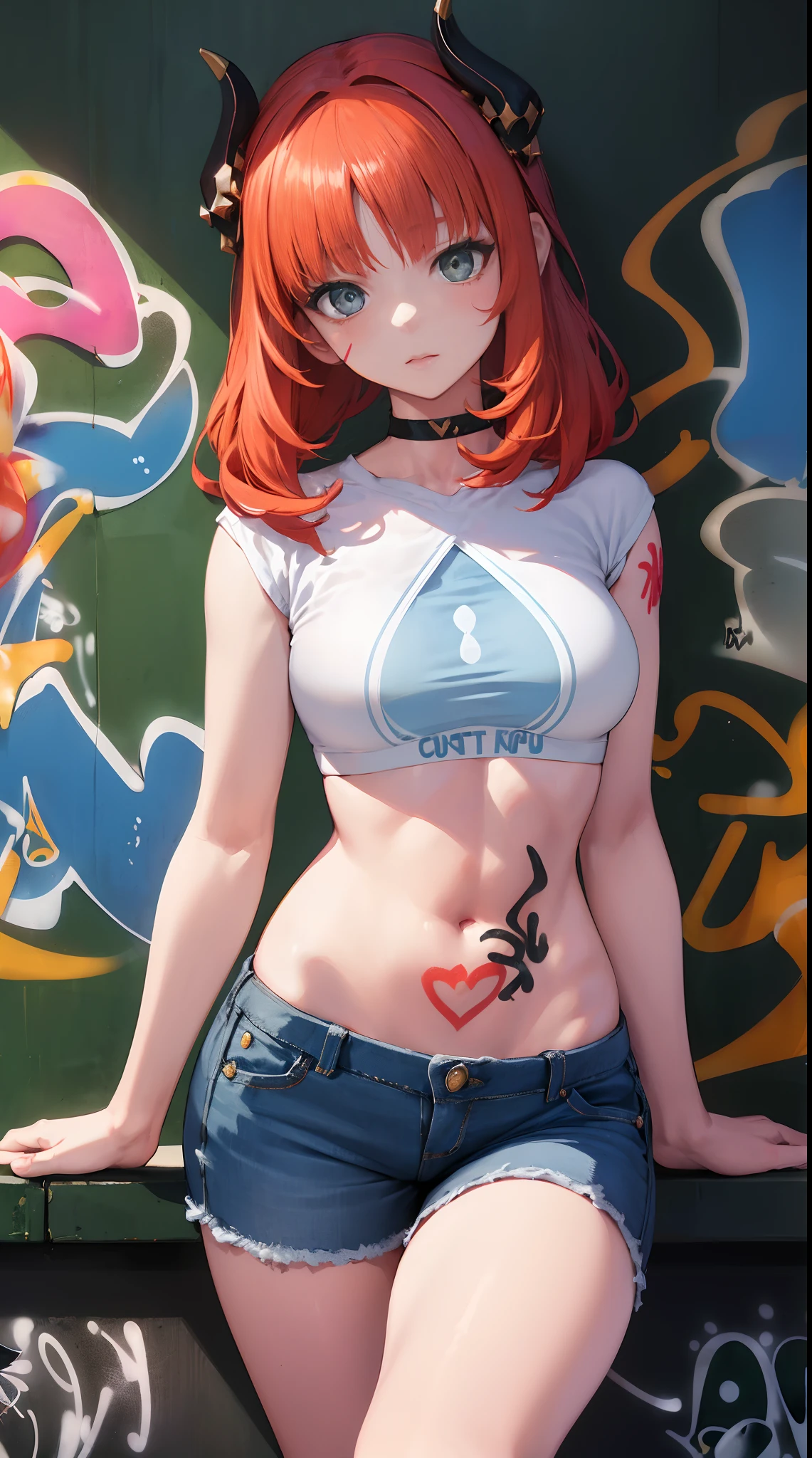 nile|genshin impact, master-piece, bestquality, 1girls,25 years old, proportional body, elongated legs, Beautiful, proportional., crop top, Long Jeans, mediuml breasts, ,bara, crop top, choker, (Graffiti:1.5), Splash with purple lightning pattern., arm behind back, against wall, View viewers from the front., Thigh strap, Head tilt, bored,(NSTDA.:1.2), (10, beste-Qualit, master-piece: 1.4), Beautiful red hair, ultra-high resolution, (lifelike, photorealistic portrait: 1.48), 20 age, Cute Girl, (Looking Through Crop Tops.), Famous Japanese actors, beautiful clear eyes, Head tilt, cowboy shot, from the front, looking at the audience, expressionless, Beautiful lake, Zeiss 150mm F/ 2.8 Hasselblad, Whole body, foot, Ultra-Wide Angle,