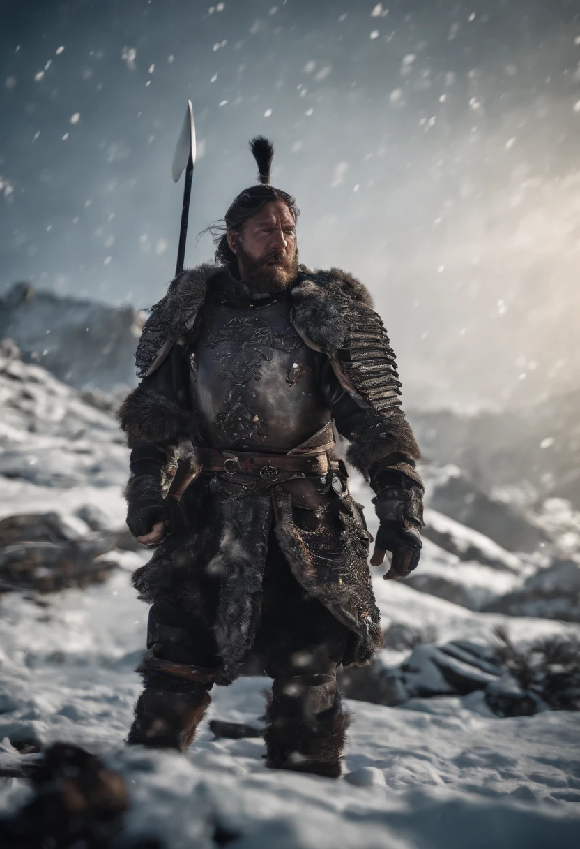 Super wide angle shot, POV, a male warrior fighting on a group of soldiers, black mech, long hair, two swords, Chinese fairy tale, martial arts style, snow scene, motion painter, breathtaking moment, Vray, Unreal Engine 5, film lighting , particles, bokeh, realistic PVC textures