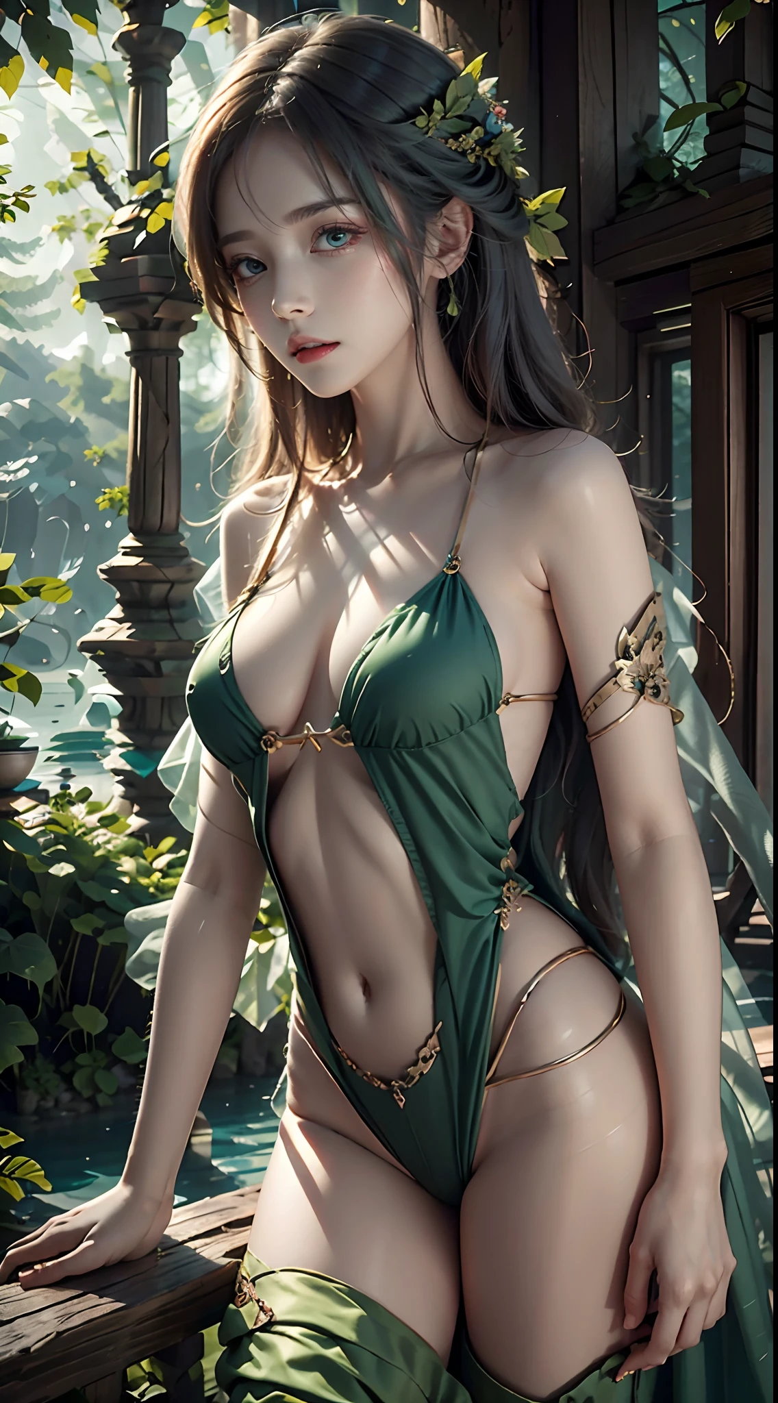 1 20-year-old girl, fairy princess, green clothes, nature clothes, nature panorama, sweet, beauty gril, twin sister. (Nature elemen), ( nature particel),( angry expresion)