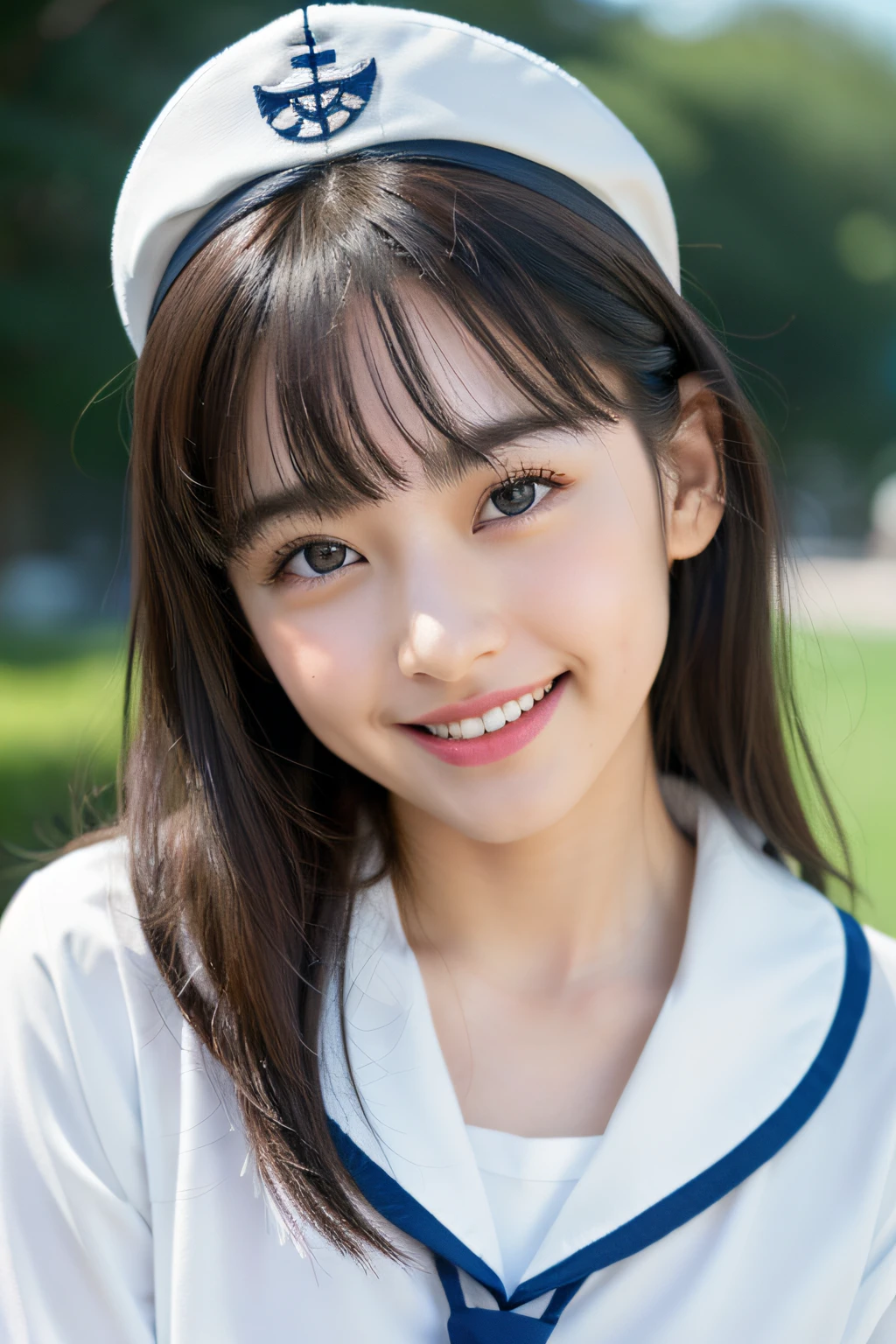 NSFW、 Wearing a sailor suit、8k RAW photo, ((a sailor suit))top-quality, masterpiece,kawaii faces、dual、 ((a sailor suit))A smile、kawaii faces、超A high resolution, film grains, filmg, 1girl in, looking at the viewers, natural skin textures, realistic eyes and face details, Perfect tooth alignment、Perfect eyes and perfect mouth、 bangss,