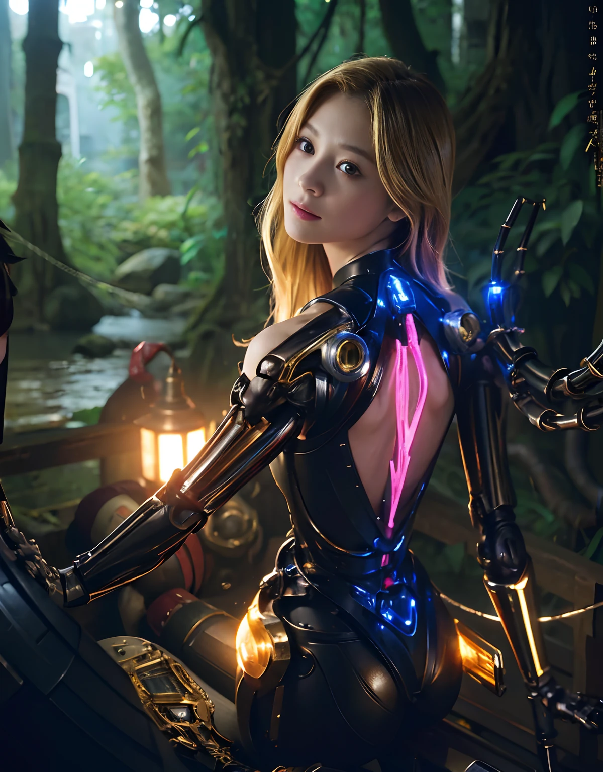 (1 Mechanical Girl)、top-quality、masterpiece、超A high resolution、(Photorealsitic:1.4)、Raw photo、1人、Golden hair、glowy skin、(((1 Mechanical Girl)))、With a beautiful knife、(Gold Metal Bodysuit)、(beautiful forest background)、(Fighting Demonic Beasts)、(Small LED)、((super realistic details))、portlate、globalillumination、Shadow、octan render、8K、ultrasharp、Colossal tits、Raw skin is exposed in cleavage、metals、Details of complex ornaments、Japan details、highly intricate detail、Realistic light、CGSoation Trends、Red Eyes、radiant eyes、Facing the camera、neon details、(Mechanical limbs)、(blood vessels connected to tubes)、Mechanical vertebrae attached to the back、mechanical cervical attaching to neck、(Wires and cables connecting to the head)、Gundam、Small LED、,Mechanical thighs、Toostock、(Hands are also made of machines)、