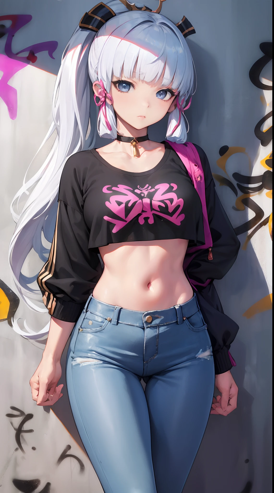 kamisato ayaka|genshin impact, master-piece, bestquality, 1girls,25 years old, proportional body, elongated legs, Beautiful, proportional., crop top, Long Jeans, mediuml breasts, ,bara, crop top, choker, (Graffiti:1.5), Splash with purple lightning pattern., arm behind back, against wall, View viewers from the front., Thigh strap, Head tilt, bored,(NSTDA.:1.2), (10, beste-Qualit, master-piece: 1.4), Beautiful red hair, ultra-high resolution, (lifelike, photorealistic portrait: 1.48), 20 age, Cute Girl, (Looking Through Crop Tops.), Famous Japanese actors, beautiful clear eyes, Head tilt, cowboy shot, from the front, looking at the audience, expressionless, Beautiful lake, Zeiss 150mm F/ 2.8 Hasselblad, Whole body, foot, Ultra-Wide Angle,