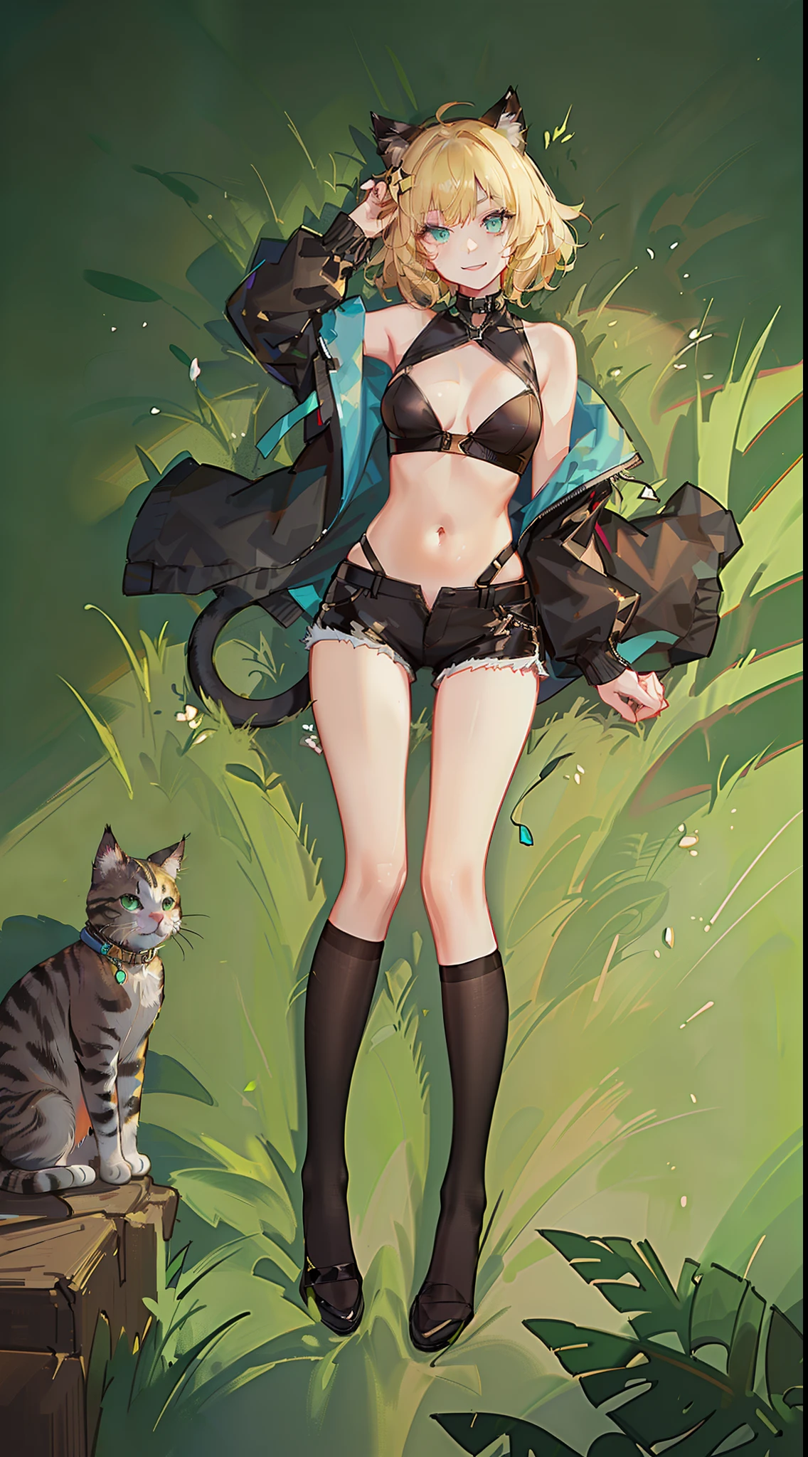 young girl, short blonde hair, turquoise eyes, Smile, cat ears, Black Top, black shorts, green jacket, open belly, zipper, Masterpiece, hiquality, 4k, HD, Good detail