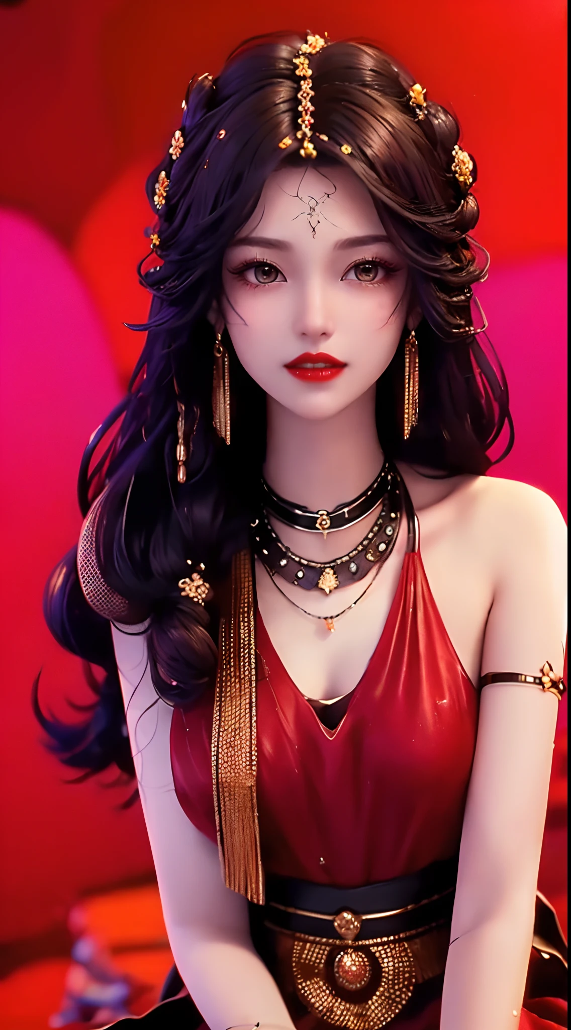 1 beautiful and sexy 20 year old girl, adult, ((wearing super thin red dress:1.6)), diamond dress, ((long purple black hair:1.6)), bangs, elaborate jewelry made of gems and beautiful hair, ((wearing black lace necklace:1.4))), noble style of an extremely beautiful girl, super cute small face, very pretty face, eyebrows sparse, flawless beautiful face, ((black eye pupils: 0.8)), ((very beautiful black eyes: 1.6)), beautiful makeup and detailed hairdo, eyelashes, wet eye makeup , high nose, earrings, red lips, ((closed mouth: 1.5 )) beautiful lips, slim hands, rosy face, clean face, flawless beautiful face, smooth white skin, (big breasts: 1.5)), ((breast augmentation: 1.6)), beautiful cleavage, ( ((big and super round breasts: 1.8))), ((super firm breasts: 1.7)), beautiful breasts, perfect body, (((pose sitting, reclining with arms behind: 1.5))), ((chest out: 1.5)), don't be shy, 8k photo, super high quality, super realistic, super 10x pixels, optical, bright studio, light edge, two-tone light, (high detail skin:1.2), super 8k, soft light, high quality, volumetric light, optical, high optical resolution, light, photo most beautiful, 4k, 8k quality, blur effect, smooth sharpness, 10 x pixels, ((flower red background:1.5)), aurora, lightning, super realistic graphics, most realistic graphics , alone, solo, Extremely sharp, surreal image, (((frontal portrait: 1.4)))."