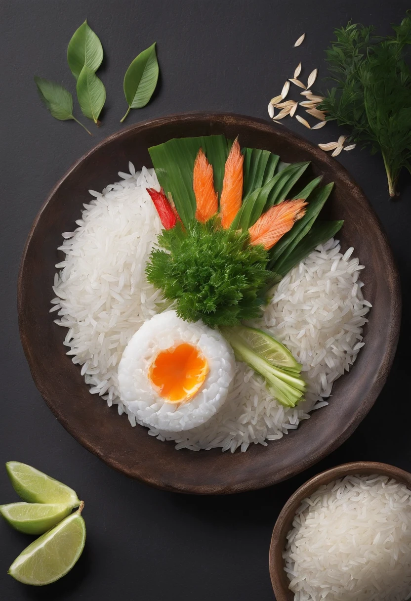 (best quality:1.2, masterpice:1.2), vibrant, realistic, dramatic and dark 8k photograph:1.37, ((Broken rice)) Vietnamese cuisine, natural backdrop