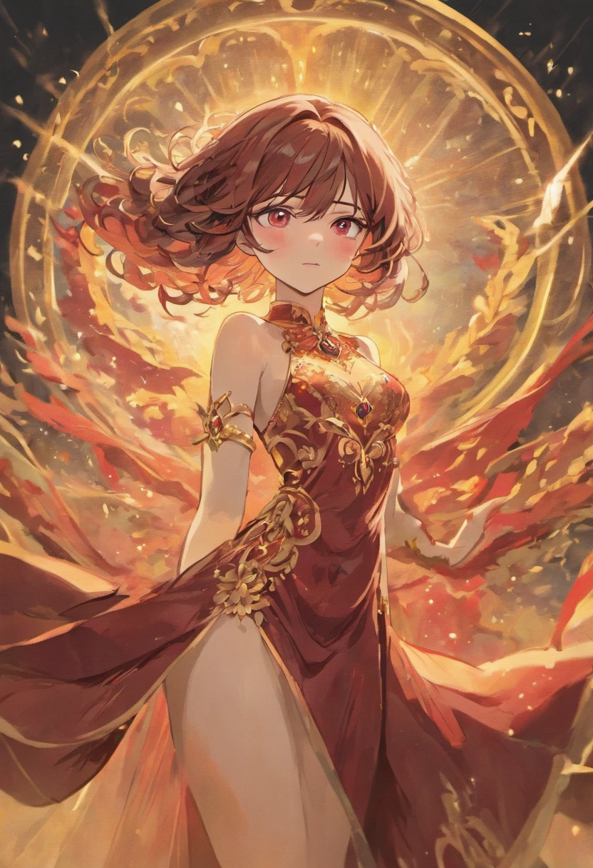Women with long hair, Woman with wavy hair, Woman with dark brown hair, Red-eyed woman, Woman with striking red eyes, Pale skin woman, Fair and delicate woman, Woman with toned abs, Woman dressed in gold and black, Woman in noble European clothes, Historical, Fully clothed woman, Woman in an aristocratic dress, Woman with body covered, Woman in a long, flowing dress, Woman with toned body, Red-eyed woman, Woman with red eye color, Woman with toned stomach muscles, Woman with abs, Matching Eye, 年轻, Beautiful, Soft, Dolce, Gentle