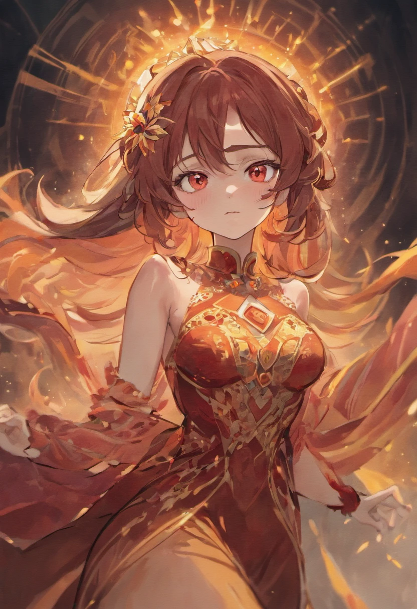Women with long hair, Woman with wavy hair, Woman with dark brown hair, Red-eyed woman, Woman with striking red eyes, Pale skin woman, Fair and delicate woman, Woman with toned abs, Woman dressed in gold and black, Woman in noble European clothes, Historical, Fully clothed woman, Woman in an aristocratic dress, Woman with body covered, Woman in a long, flowing dress, Woman with toned body, Red-eyed woman, Woman with red eye color, Woman with toned stomach muscles, Woman with abs, Matching Eye, 年轻, Beautiful, Soft, Dolce, Gentle