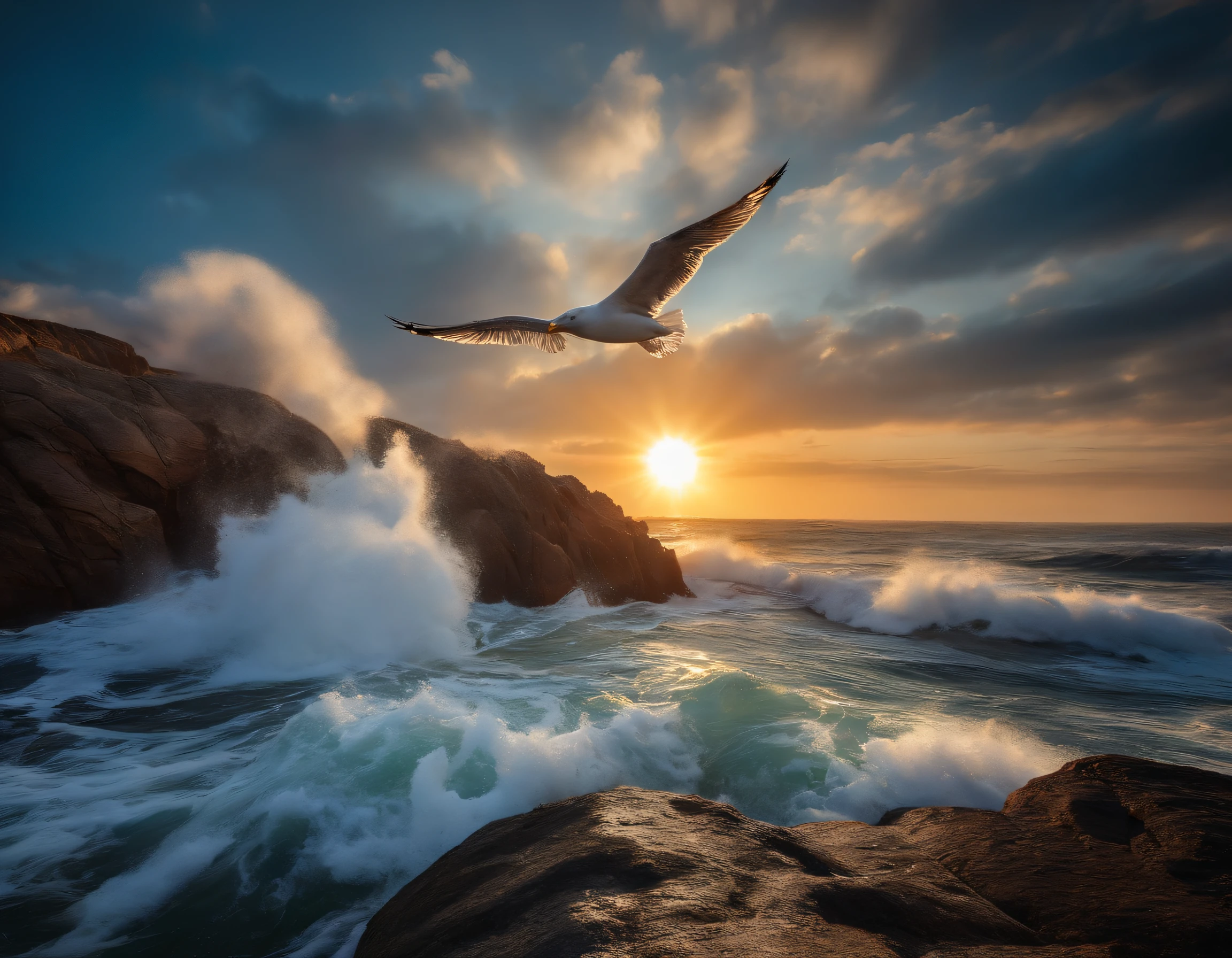 A dramatic scene of ocean waves crashing against the rocks with the sun. gleaming and a couple of seagulls in the sky.