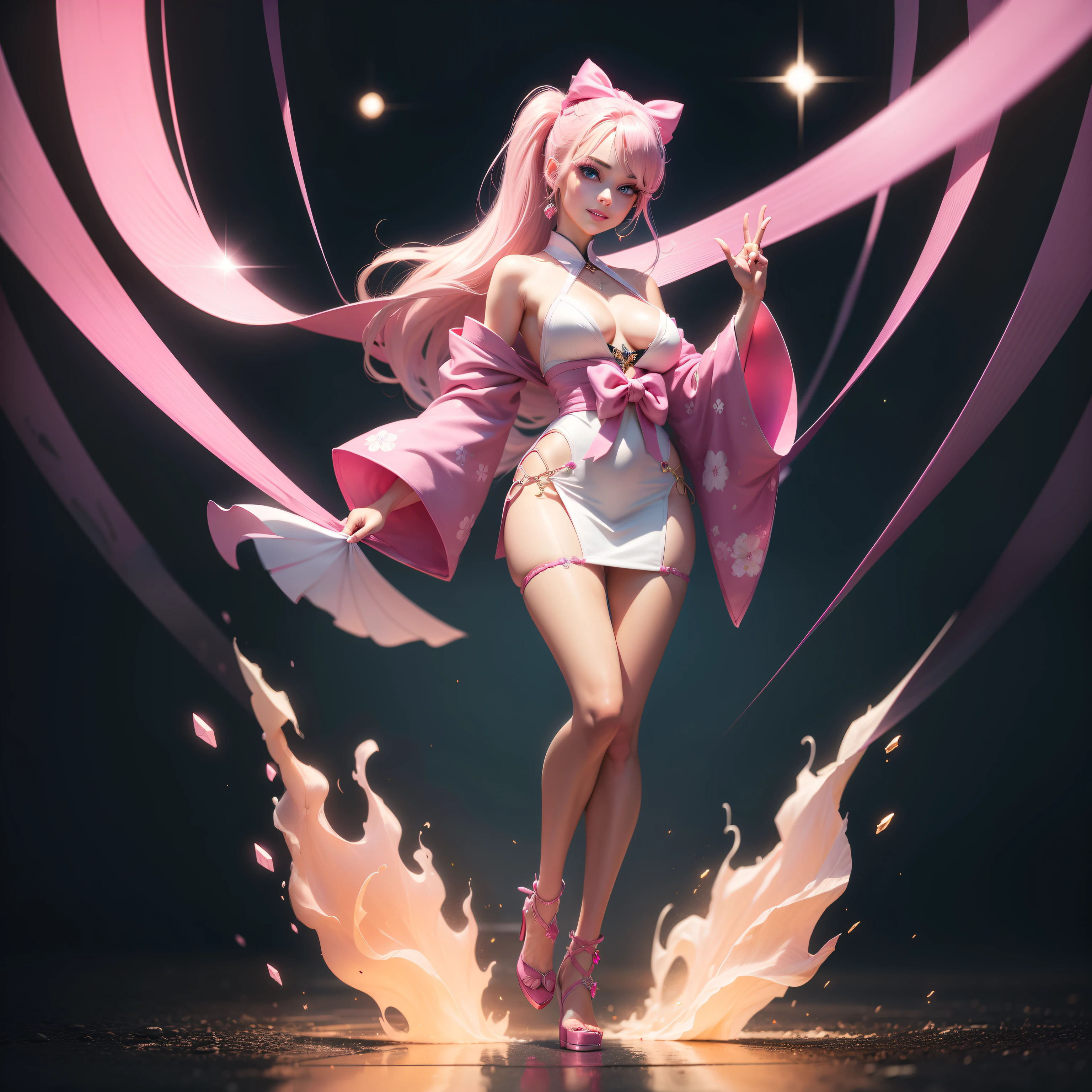 One Barbie, ((Full body)), Blue eyes, Smiling face, Hair loss swaying in the wind, Hip Hop Singer Pose, Dressed in hip-hop style, Wearing a pink kimono that reflects light,swarovski,pasties,With a pink bow on the arm, Fashion, Extremely high quality, high details, 8K, clean back ground, in studio, ((Full body shot)),Align your fingers neatly,Accurate Hand Modeling,wave her hand,