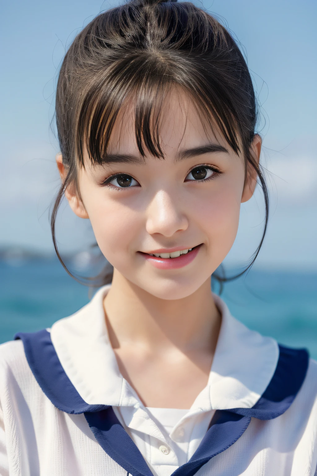 NSFW、 Wearing a sailor suit、8k RAW photo, ((a sailor suit))top-quality, masterpiece,kawaii faces、dual、 ((a sailor suit))A smile、kawaii faces、超A high resolution, film grains, filmg, 1girl in, looking at the viewers, natural skin textures, realistic eyes and face details, Perfect tooth alignment、Perfect eyes and perfect mouth、 bangss,
