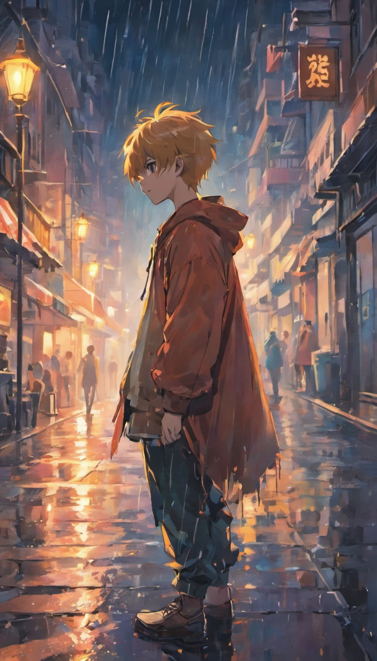 with intense rain,The streets of the city,The handsome boy knelt on the ground,Pray