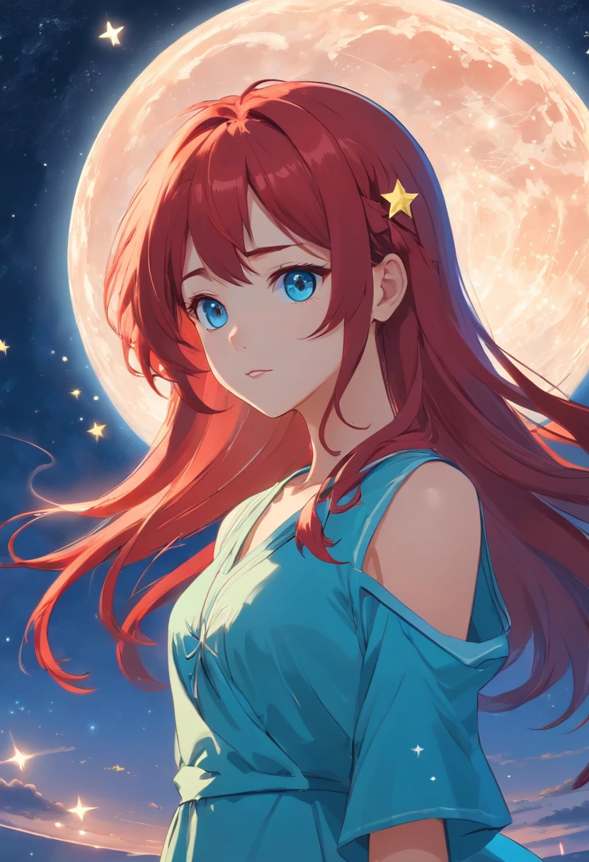 1 girl, red long hair, On the hair is a hairpin of the moon and stars, Cyan eyes, On the face is the sign of the moon and 2 stars, blue dress and blue shoes, On the neck is a pendant in the form of a star