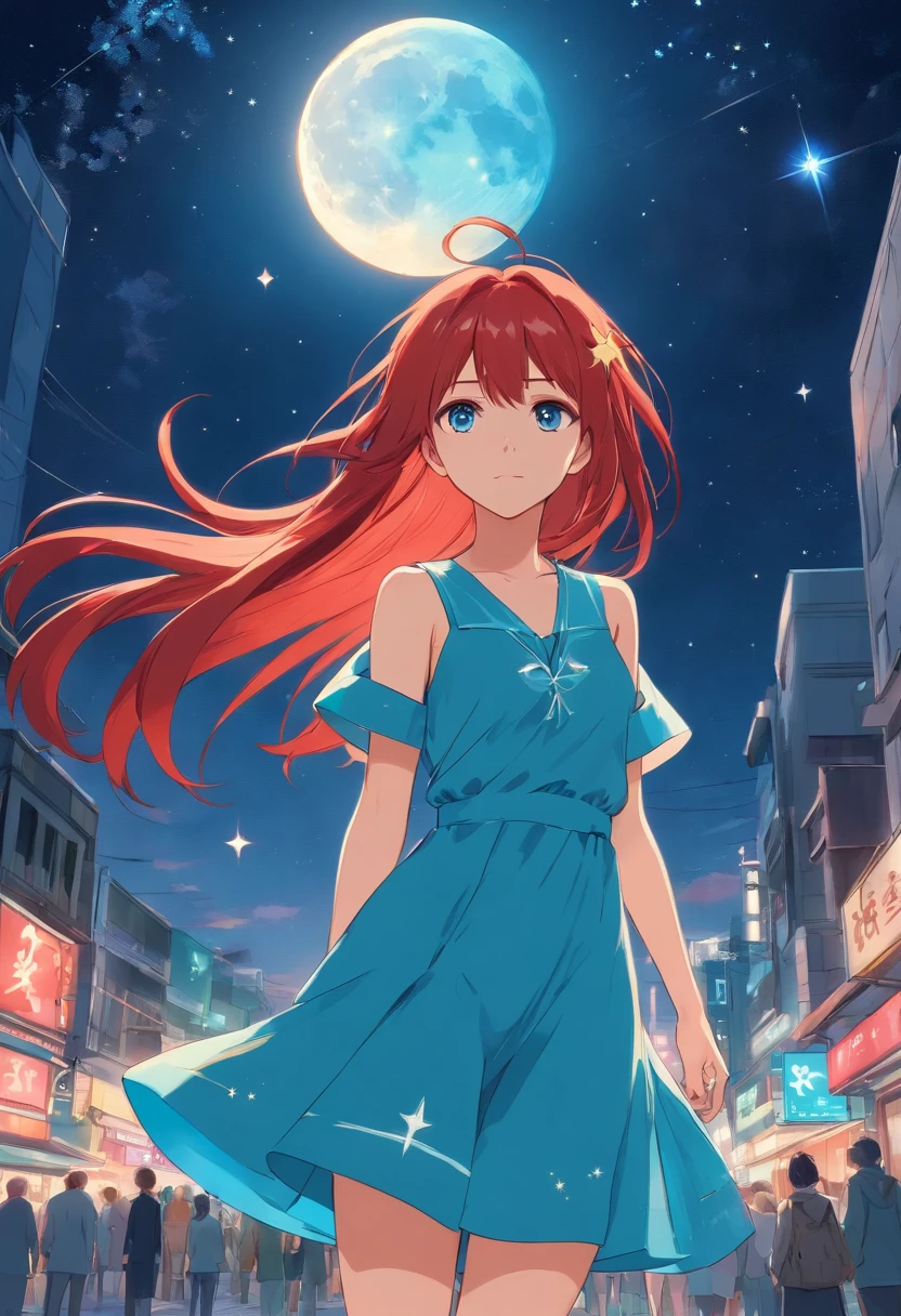 1 girl, red long hair, On the hair is a hairpin of the moon and stars, Cyan eyes, On the face is the sign of the moon and 2 stars, blue dress and blue shoes, On the neck is a pendant in the form of a star