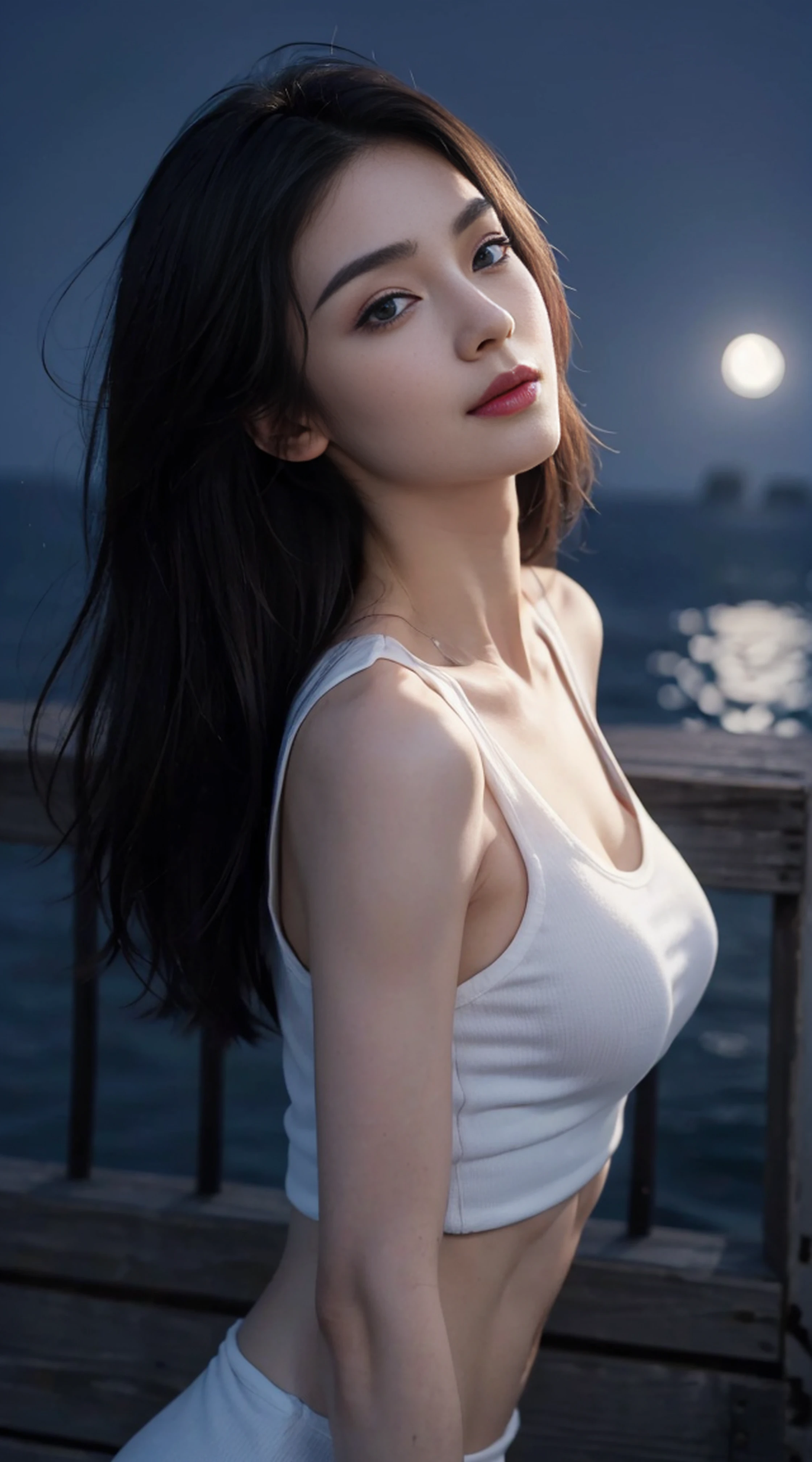 8K, Top Quality, Intricate Details, Ultra Detail, Ultra High Resolution, Masterpiece, ((close up shot)), shot from behind , looking away from viewer,, Slender, Smile, (Makeup: 0.4), (Fluffy Blue Eyes: 1.21), blue Eyes,, ((full body)), 1girl, solo, 1 girl, (( full body)), close-up shot, , , ((tall)), (((fit body))), (((slim face))), sharp face, sharp eyes, (((black hair, long hair, )) ,(detailed face), sharp face, small lips, thin lips, Holding a gunblade,
(( Sleeveless shirt )), detailed face, detailed breast, , large breast, detail ass, round ass , Beautiful girl with accentuated slender abs: 1.4, Six Pack Abs: 1.4, Bust Botox, Big, Perfect Body, detail leg, (( moonlight)), ocean