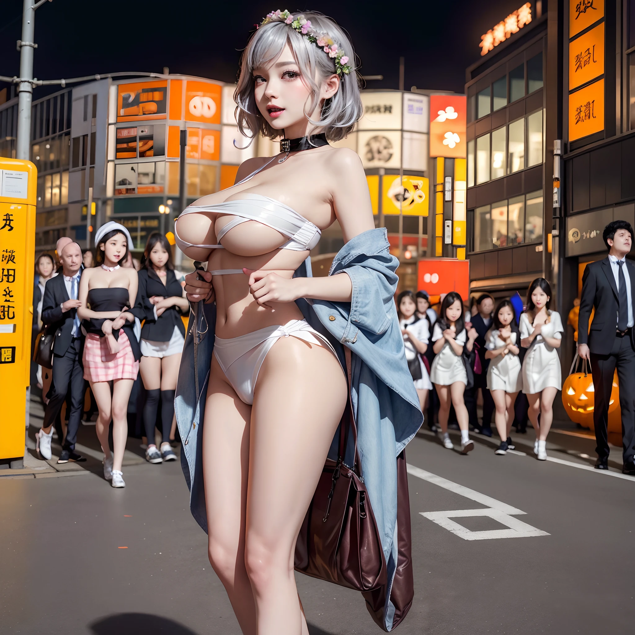 (((NSFW STILL SHOW, 12 Tiny Girls in a row:1.2, Shibuya Hachiko-mae scramble crossing on Halloween:1.2))), ((masterpiece:1.2, best quality, photorealistic:1.37)), {(Standing Full Body:1.2)|(from below:1.2)}, short silver hair, {School Uniform|naked bandage|tutu}, ((Detailed KAWAII face), Detailed Oily Porcelain skin), {Bustling street|(Passerby schoolgirls)| halloween| neon}, {(Childish:1.2|Gigantic Cleavage:1.37|Underboob:1.2)}, {flower wreath|Red leather high collar}, {Kissing face to face|Floating hair|Strong wind|(Ass focus)},{:p|:d|laugh|sparkle|joyful|delighted},extremely Detailed,