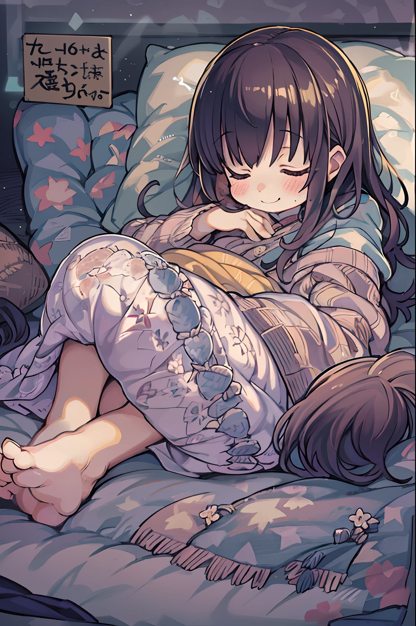 masutepiece, Best Quality, 1 girl, Solo, effect, Dark background, Sleeping in bed with a happy face,Wrapped in a futon