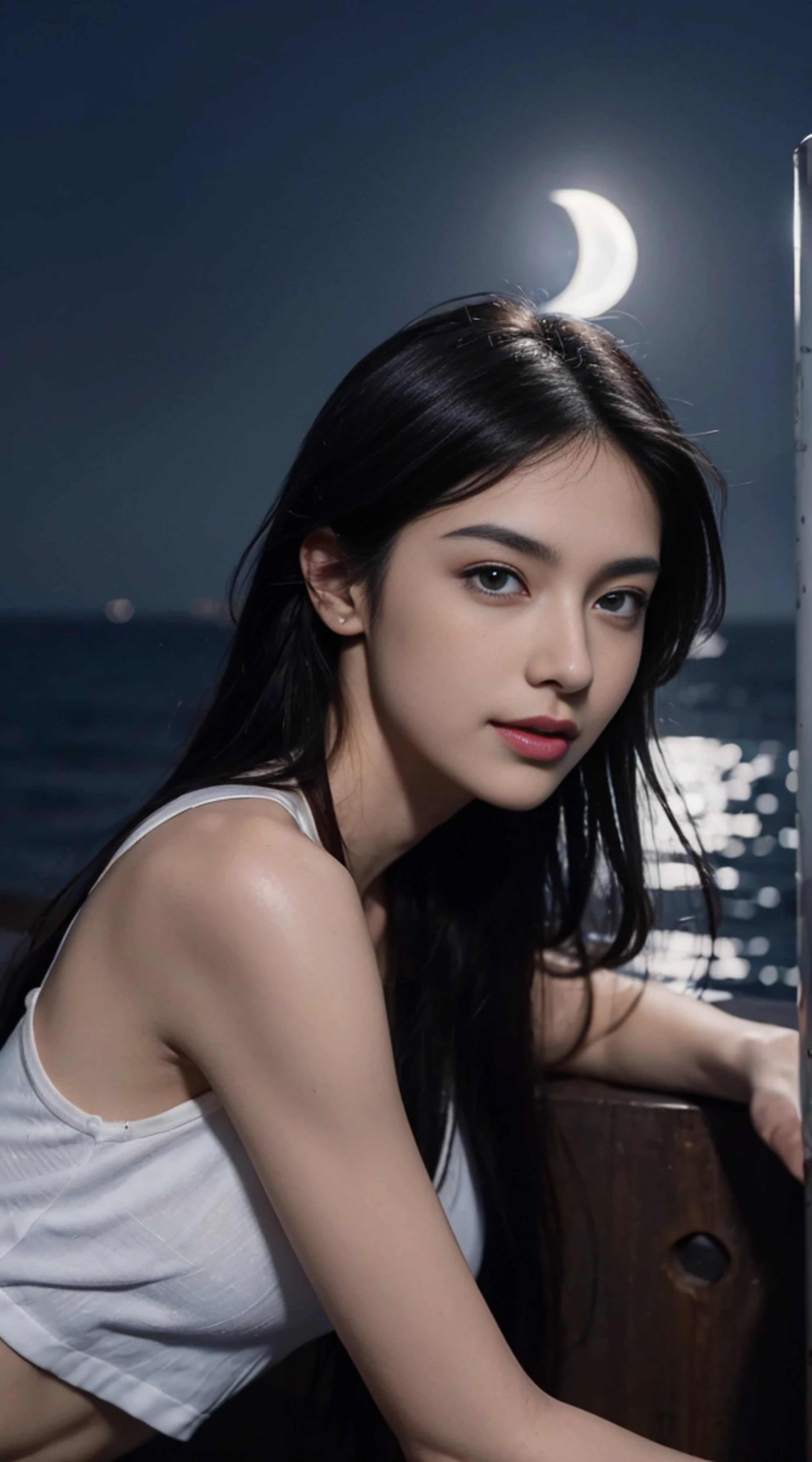 8K, Top Quality, Intricate Details, Ultra Detail, Ultra High Resolution, Masterpiece, random angle, Slender, Smile, (Makeup: 0.4), (Fluffy Blue Eyes: 1.21), blue Eyes,, ((full body)), 1girl, solo, 1 girl, (( full body)), close-up shot, , , ((tall)), (((fit body))), (((slim face))), sharp face, sharp eyes, (((black hair, long hair, )) ,(detailed face), sharp face, small lips, thin lips, Holding a gunblade,
((Sleeveless shirt)), detailed face, detailed breast, , large breast, detail, , Beautiful girl with accentuated slender abs: 1.4, Six Pack Abs: 1.4, Bust Botox, Big, Perfect Body, detail leg, (( moonlight)), ocean