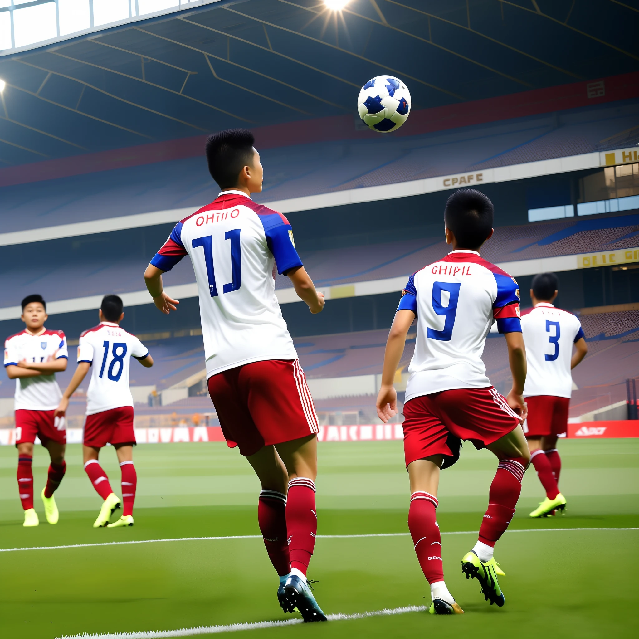 Asian Games football stadium,(A boy playing football),Wear a football shirt,(tmasterpiece:Libido boy),(anatomy correct:1.5),(Face the goalkeeper and kick the ball towards the goal:1.4),(kick the ball),真实感,Raise your foot and kick the ball,closeup cleavage,Behind him are his teammates,detailed back ground,(The characters are clear:1.2),(Facial details are noticeable:1.3),tmasterpiece,the highest picture quality,extremly high detail,in a panoramic view