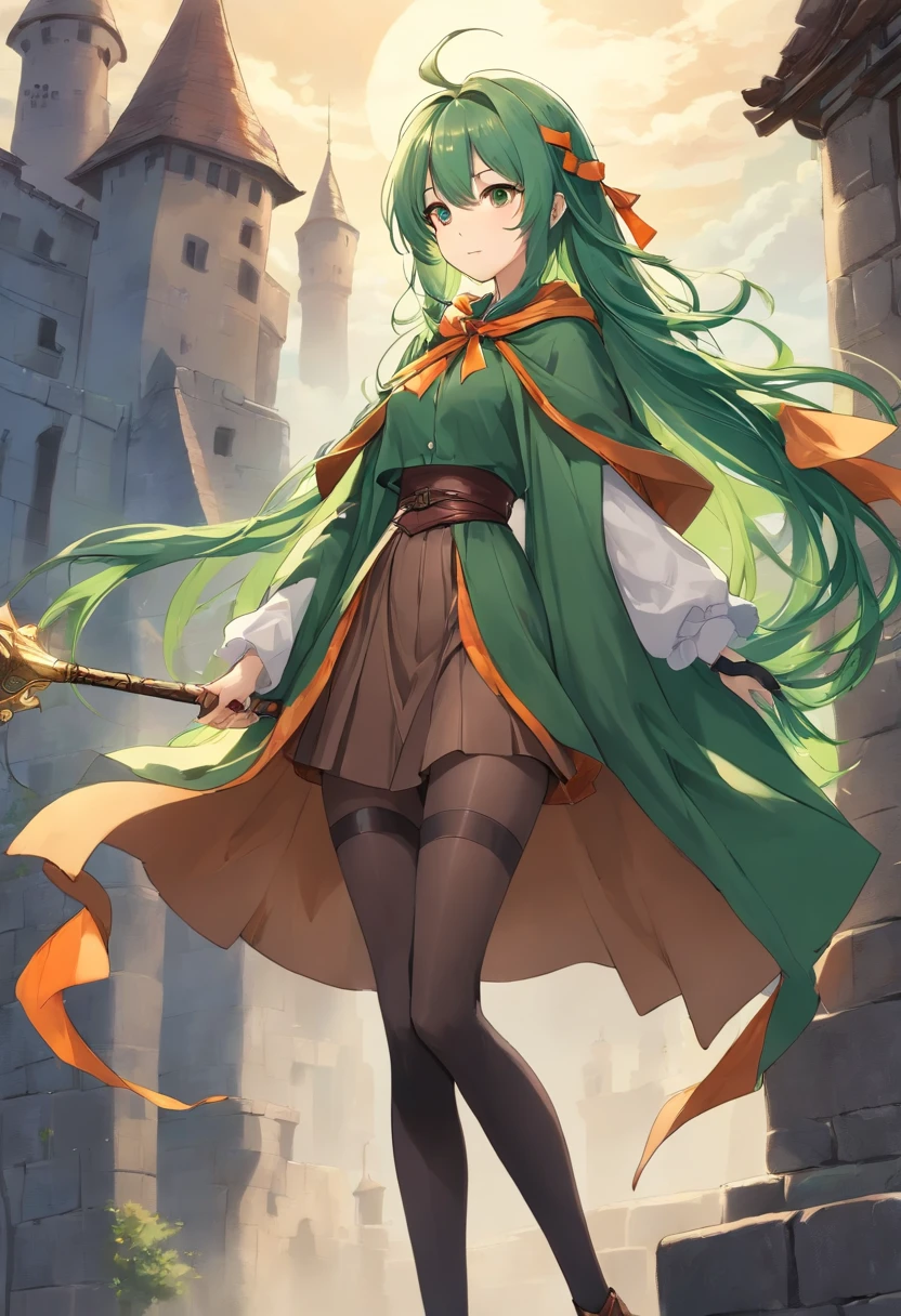 masterpiece, ultra detailed, 8k portrait, RAW photo, portrait photography, highly detailed face, beautiful and meticulous eyes, ((Fantasy)), Young beautiful, 22 years old, dynamic pose, (((Long Straight deep green hair))), ((one side braided with orange hair ribbon)), blunt bangs, White skin color, Luxury, hooded (((dark brown))) (((silk long cloak))) fluttering in the wind, (((dressed shirt))), (((silk long skirt))), leather corset, (((dark thigh high tights))), high cut leather boots, ((lift up long magical staff)), Midday Sun, hyper realistic, Body model, Small breasts, Beautiful breasts, Long legs, in the castle, Ambient lighting, Shadow details , Camera focus on thigh, strong breeze, Light fog