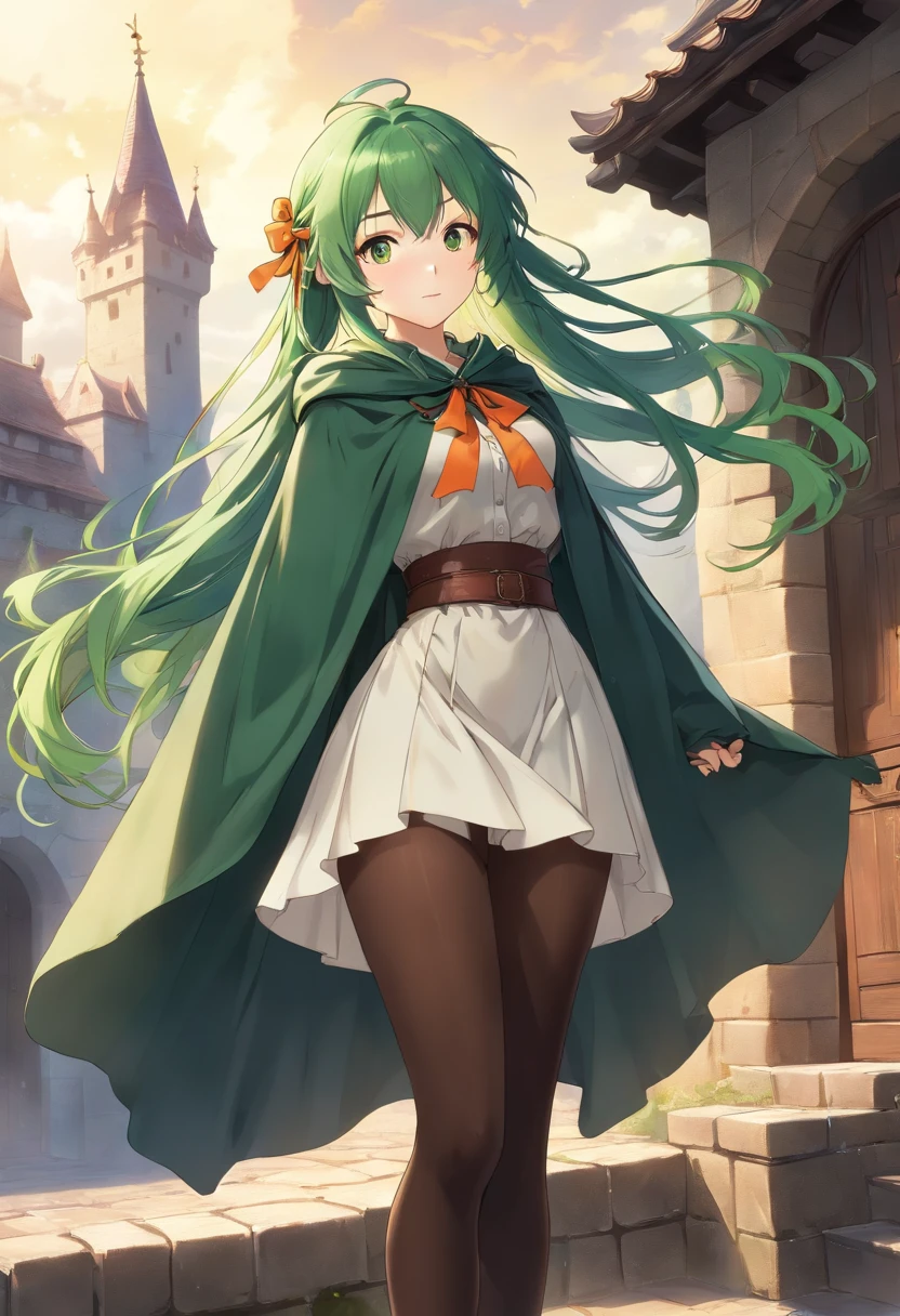 masterpiece, ultra detailed, 8k portrait, RAW photo, portrait photography, highly detailed face, beautiful and meticulous eyes, ((Fantasy)), Young beautiful, 22 years old, dynamic pose, (((Long Straight deep green hair))), ((one side braided with orange hair ribbon)), blunt bangs, White skin color, Luxury, hooded (((dark brown))) (((silk long cloak))) fluttering in the wind, (((dressed shirt))), (((silk long skirt))), leather corset, (((dark thigh high tights))), high cut leather boots, ((lift up long magical staff)), Midday Sun, hyper realistic, Body model, Small breasts, Beautiful breasts, Long legs, in the castle, Ambient lighting, Shadow details , Camera focus on thigh, strong breeze, Light fog