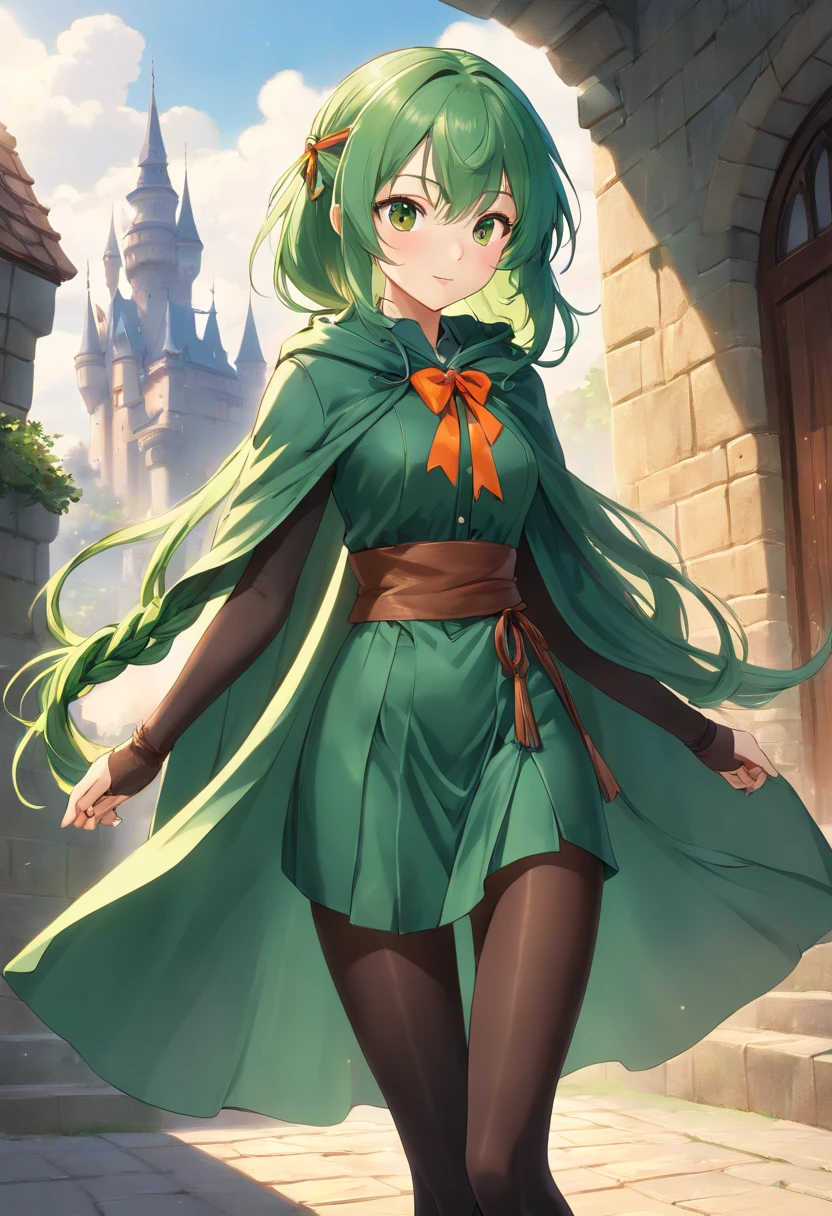 masterpiece, ultra detailed, 8k portrait, RAW photo, portrait photography, highly detailed face, beautiful and meticulous eyes, ((Fantasy)), Young beautiful, 22 years old, dynamic pose, (((Long Straight deep green hair))), ((one side braided with orange hair ribbon)), blunt bangs, White skin color, Luxury, hooded (((dark brown))) (((silk long cloak))) fluttering in the wind, (((dressed shirt))), (((silk long skirt))), leather corset, (((dark thigh high tights))), high cut leather boots, ((lift up long magical staff)), Midday Sun, hyper realistic, Body model, Small breasts, Beautiful breasts, Long legs, in the castle, Ambient lighting, Shadow details , Camera focus on thigh, strong breeze, Light fog
