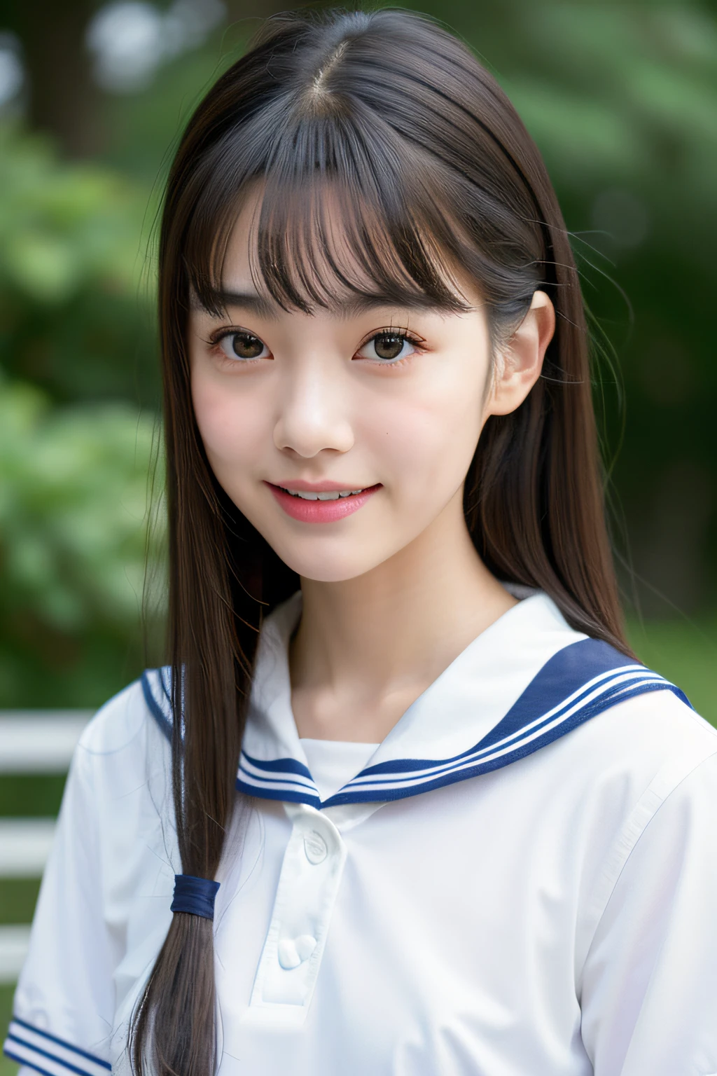 NSFW、 Wearing a sailor suit、8k RAW photo, ((a sailor suit))top-quality, masterpiece,kawaii faces、dual、 ((a sailor suit))A smile、kawaii faces、超A high resolution, film grains, filmg, 1girl in, looking at the viewers, natural skin textures, realistic eyes and face details, Perfect tooth alignment、Perfect eyes and perfect mouth、 bangss,
