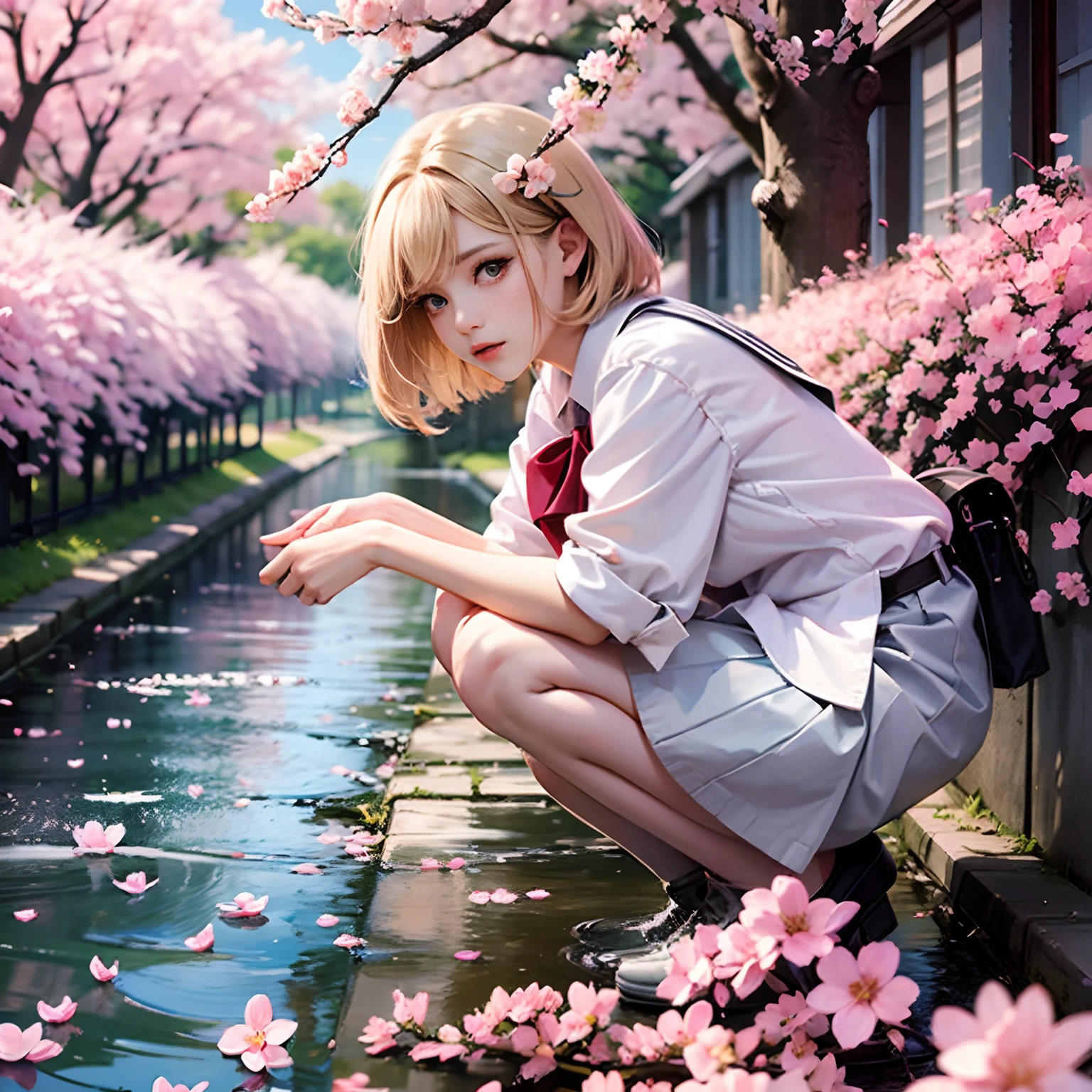 A path lined with flourishing cherry blossom trees、Cherry blossoms hanging on the surface of the lake、hi-school girl、crouching down、Sakura blizzard、a blond、a short bob、shairband