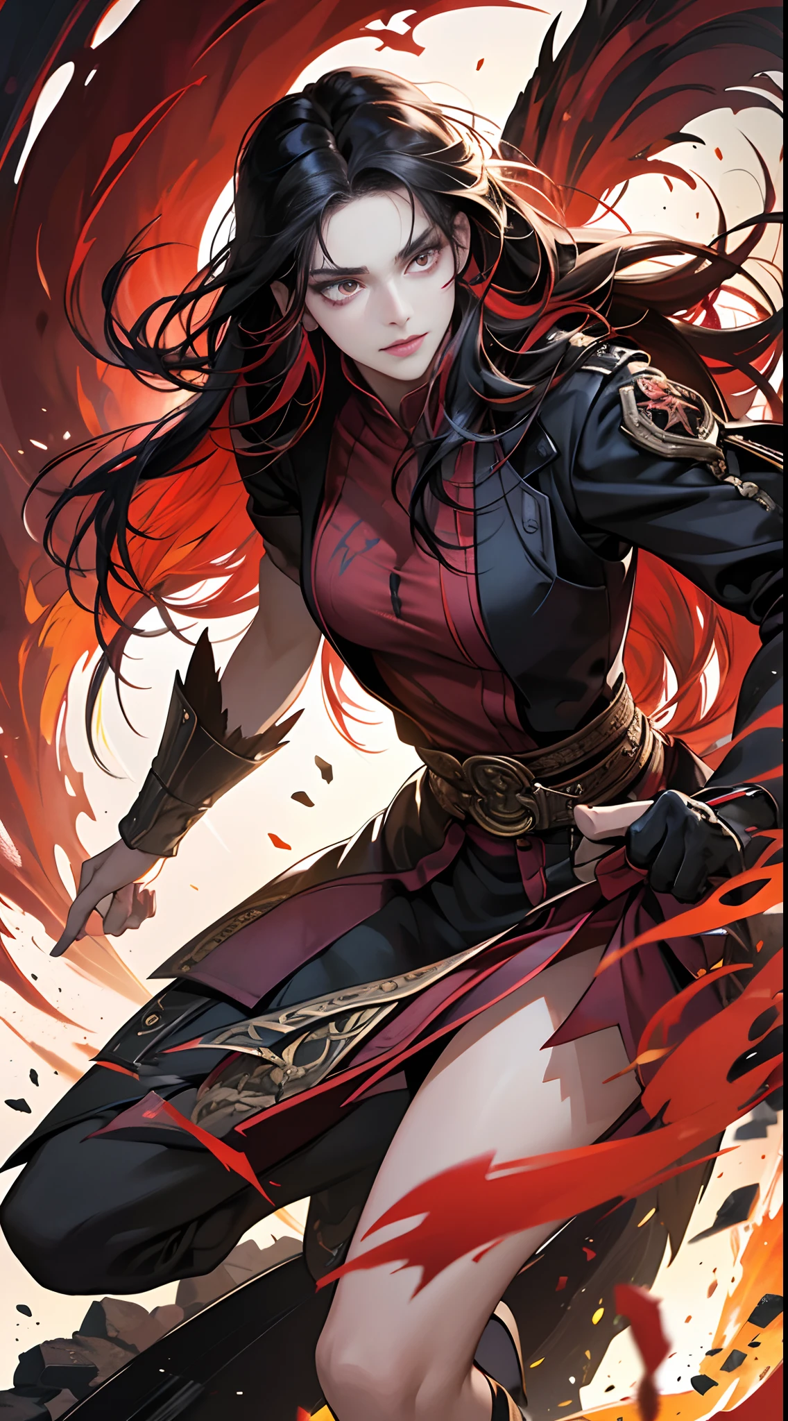 (Best Quality,4K,High resolution), 18yo woman, Red mesh hair on black hair, Long hair, Straight hair, , Comical appearance,(Best Quality,4K,High resolution), 18yo woman, Red highlights on black hair, Long hair, Straight hair, Transforming Woman,An abnormal,Cold eyes ,sharp eye,distressed look,Red glowing eyes,Facial expression enhancement,,Changing the Appearance of a Transform,beast,Beastification,Evil Fight,buttle,Delicate illustrations drawn in detail,Torn clothes with decoration,Disheveled clothes,Realistic portrayal,Vibrant colors,expresive,Classic background
