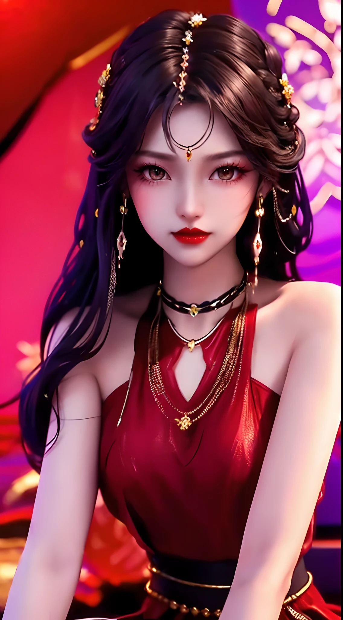 1 beautiful and sexy 20 year old girl, adult, ((wearing super thin red dress:1.6)), diamond dress, ((long purple black hair:1.6)), bangs, elaborate jewelry made of gems and beautiful hair, ((wearing black lace necklace:1.4))), noble style of an extremely beautiful girl, super cute small face, very pretty face, eyebrows sparse, flawless beautiful face, ((black eye pupils: 0.8)), ((very beautiful black eyes: 1.6)), beautiful makeup and detailed hairdo, eyelashes, wet eye makeup , high nose, earrings, red lips, ((closed mouth: 1.5 )) beautiful lips, slim hands, rosy face, clean face, flawless beautiful face, smooth white skin, (big breasts: 1.5)), ((breast augmentation: 1.6)), beautiful cleavage, ( ((big and super round breasts: 1.8))), ((super firm breasts: 1.7)), beautiful breasts, perfect body, (((pose sitting, reclining with arms behind: 1.5))), ((chest out: 1.5)), don't be shy, 8k photo, super high quality, super realistic, super 10x pixels, optical, bright studio, light edge, two-tone light, (high detail skin:1.2), super 8k, soft light, high quality, volumetric light, optical, high optical resolution, light, photo most beautiful, 4k, 8k quality, blur effect, smooth sharpness, 10 x pixels, ((flower red background:1.5)), aurora, lightning, super realistic graphics, most realistic graphics , alone, solo, Extremely sharp, surreal image, (((frontal portrait: 1.4)))."
