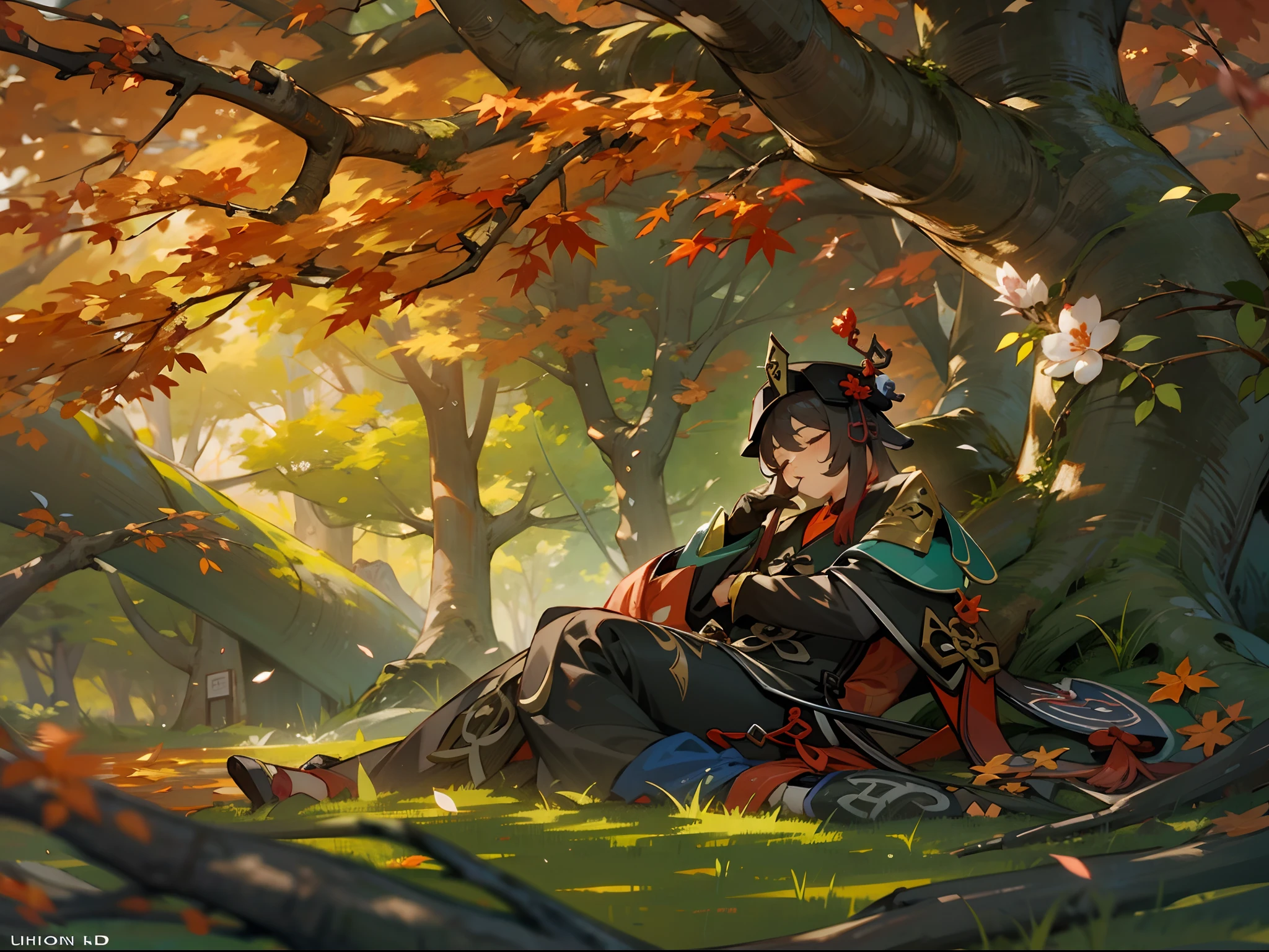 Genshin Impact, Hu Tao sleeping under a tree, maple forest, HDR, UHD, highly detailed artwork