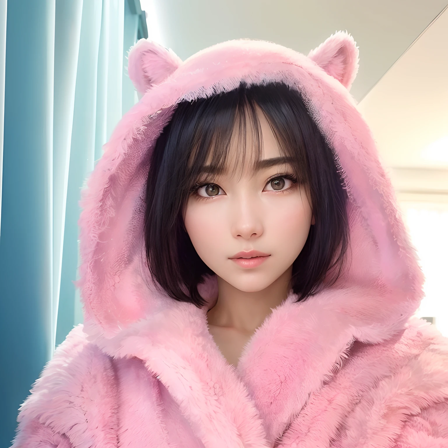 Absurd resolution, high resolution, (masterpiece: 1.4), hyper-detail, ung woman, short black hair, pink fur coat