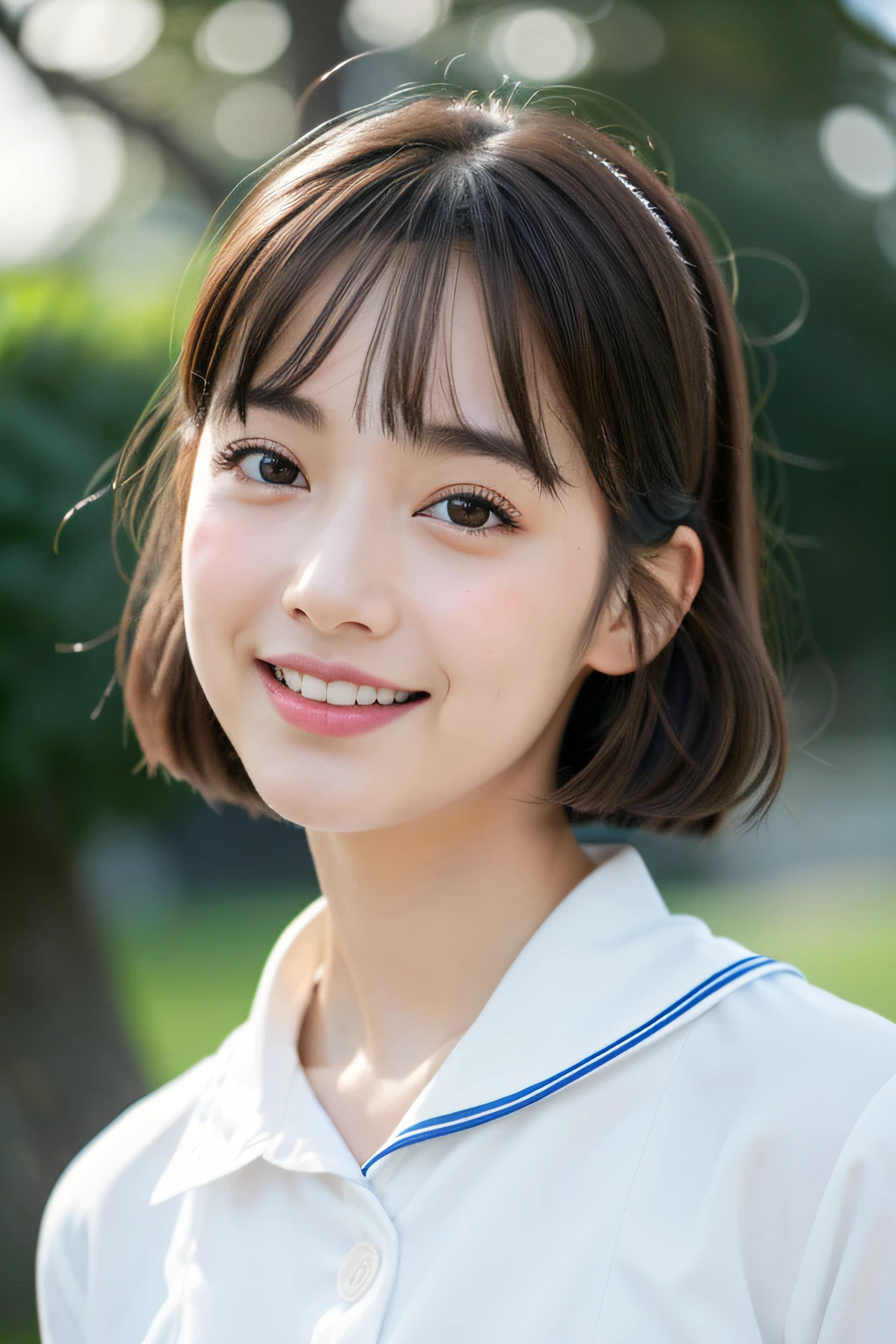 NSFW、 Wearing a sailor suit、8k RAW photo, ((a sailor suit))top-quality, masterpiece,kawaii faces、dual、 ((a sailor suit))A smile、kawaii faces、超A high resolution, film grains, filmg, 1girl in, looking at the viewers, natural skin textures, realistic eyes and face details, Perfect tooth alignment、Perfect eyes and perfect mouth、 bangss,