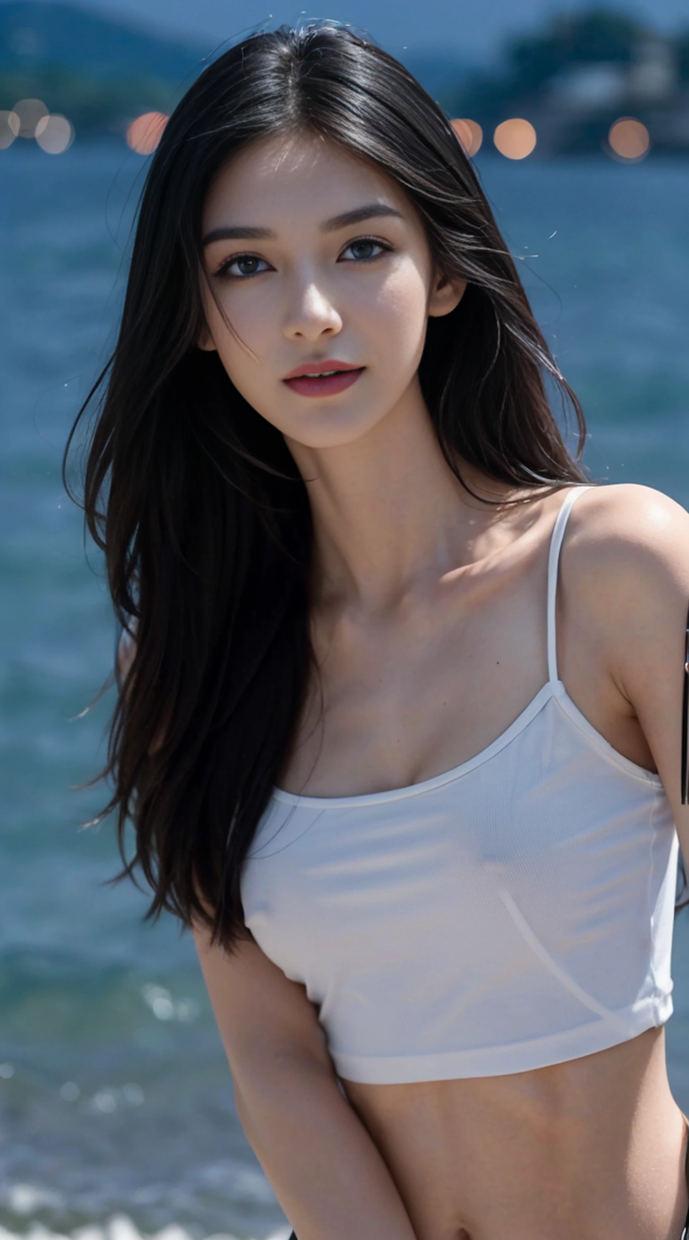 8K, Top Quality, Intricate Details, Ultra Detail, Ultra High Resolution, Masterpiece, random angle, Slender, Smile, (Makeup: 0.4), (Fluffy Blue Eyes: 1.21), blue Eyes,, ((full body)), 1girl, solo, 1 girl, (( full body)), close-up shot, , , ((tall)), (((fit body))), (((slim face))), sharp face, sharp eyes, (((black hair, long hair, )) ,(detailed face), sharp face, small lips, thin lips, Holding a gunblade,
((T-shirt)), detailed face, detailed breast, , large breast, detail, , Beautiful girl with accentuated slender abs: 1.4, Six Pack Abs: 1.4, Bust Botox, Big, Perfect Body, detail leg, (( moonlight)), ocean