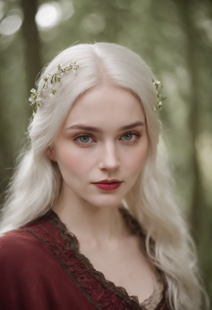 (((a deep reddish wound crosses her left cheek))) fair complexion, woman around 19 years old, natural white hair, distinctive green eyes, wearing kohl, slender and graceful, beautiful, candlelight in a medieval setting, ultra sharp focus, realistic shot, medieval female clothes, tetradic colors (scar:1.4)