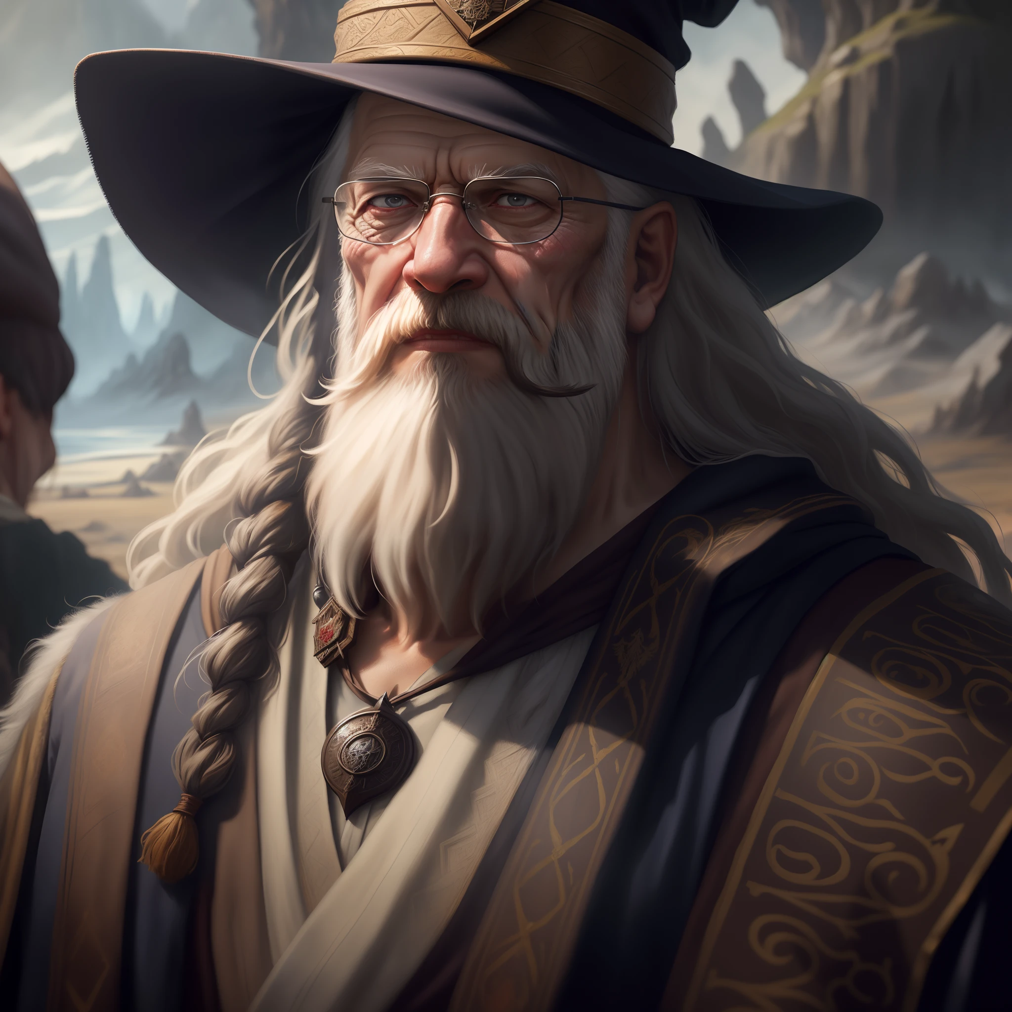 masterpiece, best quality, 8k, artstation, sharp focus, high details, raw photo portrait of very old elder wizard, long beard, long hair, wizard robe, wizard hat, (in epic fantasy environment:1.2), (oil painting:1.2),