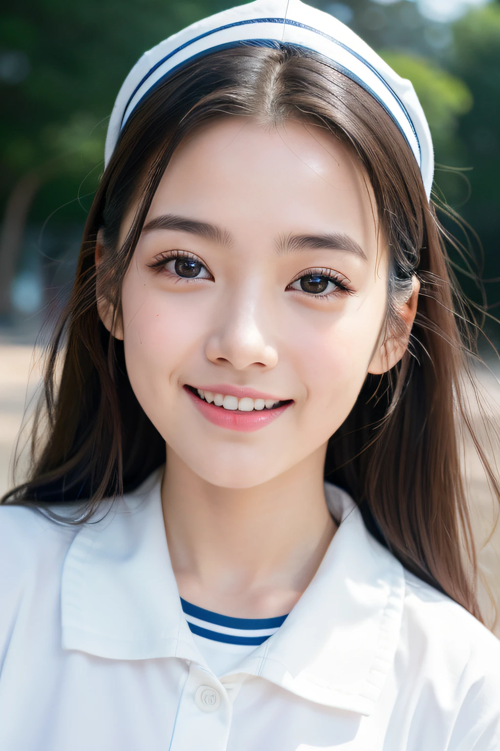 NSFW、 Wearing a sailor suit、8k RAW photo, ((a sailor suit))top-quality, masterpiece,kawaii faces、dual、 ((a sailor suit))A smile、kawaii faces、超A high resolution, film grains, filmg, 1girl in, looking at the viewers, natural skin textures, realistic eyes and face details, Perfect tooth alignment、Perfect eyes and perfect mouth、 bangss,