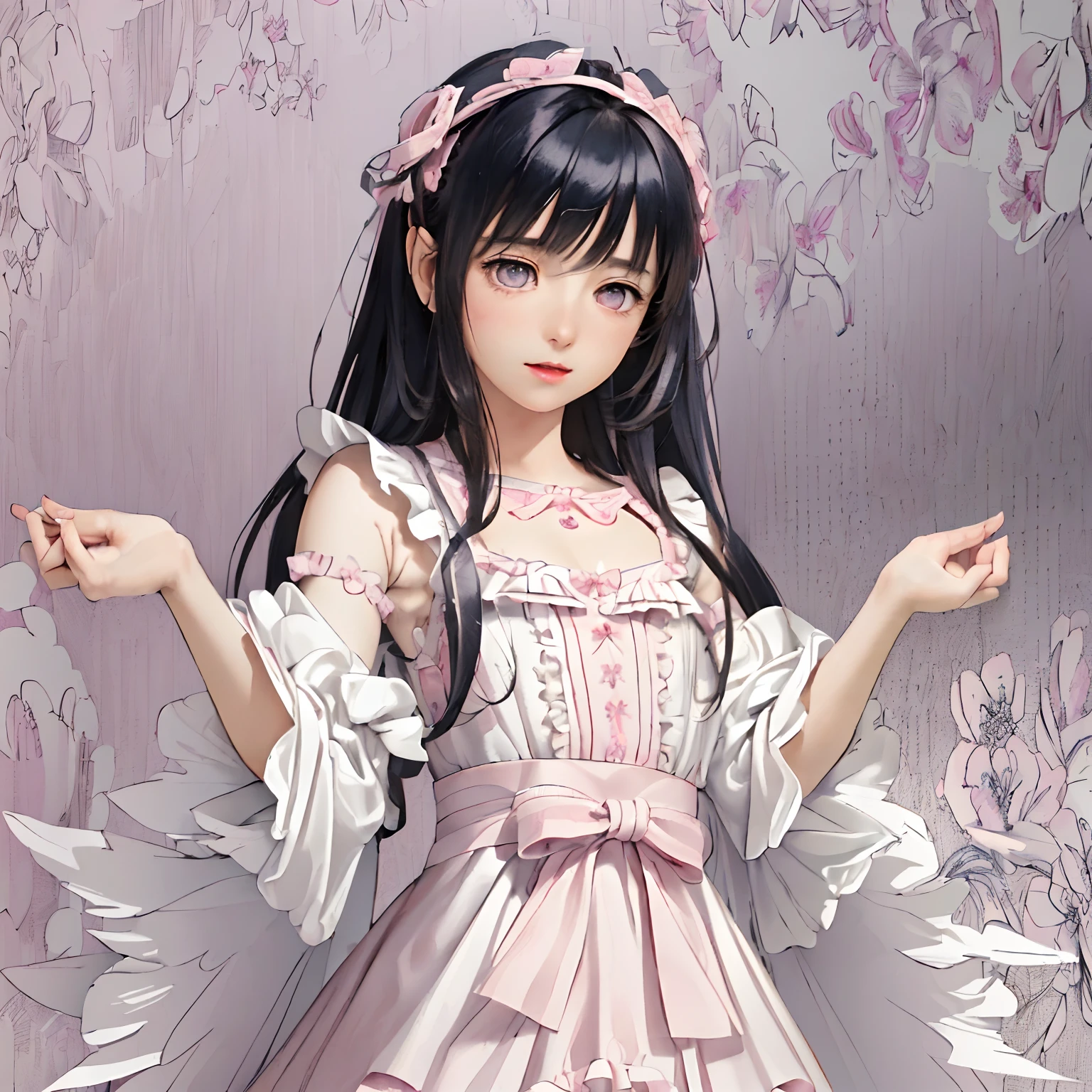 (masterpiece:1.2), (artwork:1.3), (amazing art:1.4), (best illustrator artist:1.3), (best luminosity), (best ultra-detailed, ultra-realistic, ultra-illustrated graphic:1.5), (chibi-cute+kawaii style:1.5) (kawaii cute best), (cute kawaii:1.2) 0.3), a cute  girl with medium dark blue hair, bright bright pearly pearly purple eyes bioluminescent luminecent, Blunt Bangs,wearing a cute pink dress with fluffy ruffles,  in one (extremely detailed CG unit wallpaper:1.8), of a very beautiful garden with amazing flowers in a beautiful and well-illustrated painting, cinematic lighting of cinema studios Paramount and Wit. 0.8]